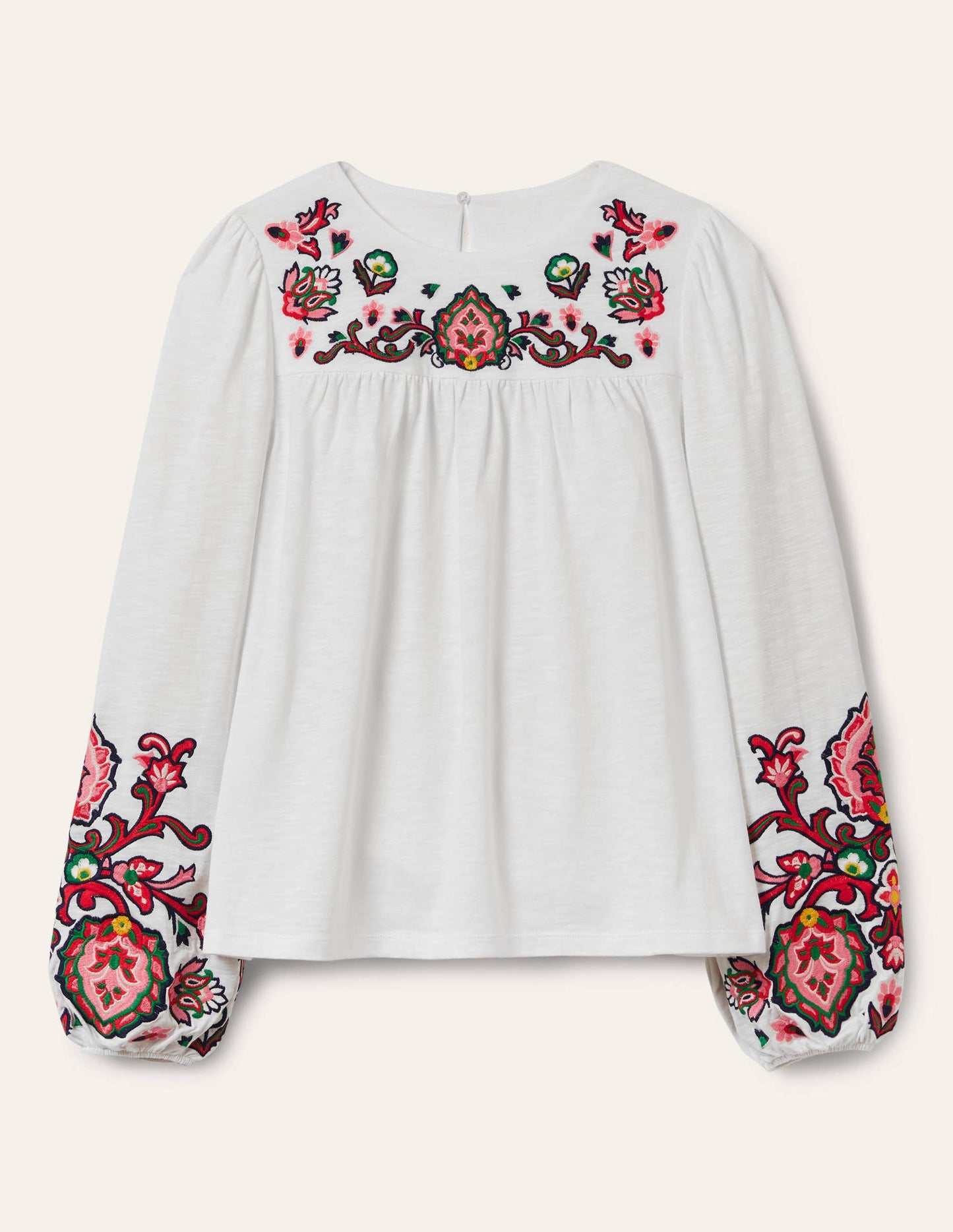 Embroidered Blouson Jersey Top-White
