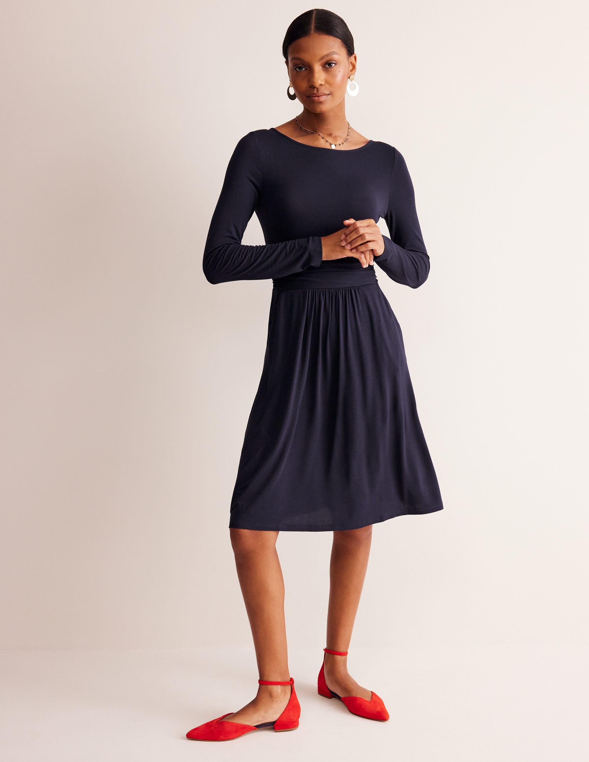 amelia elbow sleeve midi dress Amelie Long Sleeve Dress-Navy