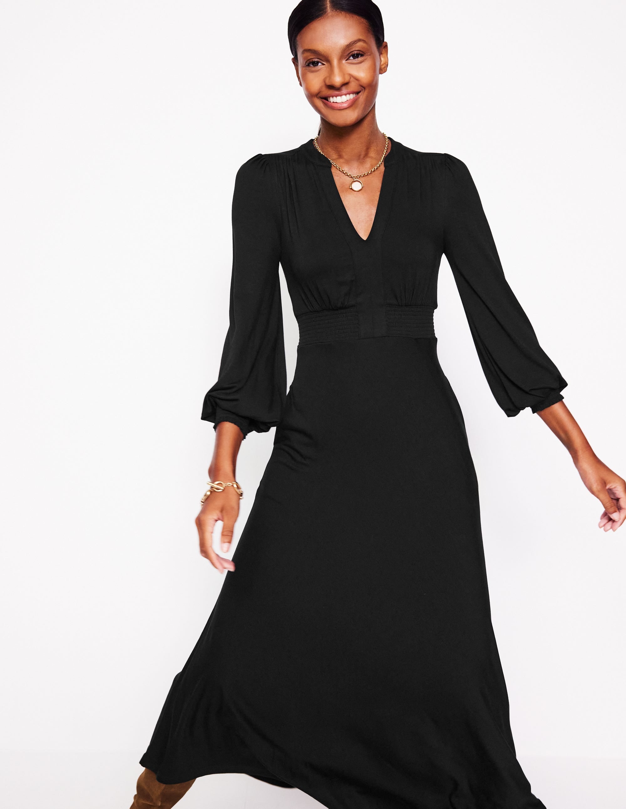 Ivy Smocked Midi Dress-Black | Boden USA Ivy Smocked Midi Dress-Black | Boden USA