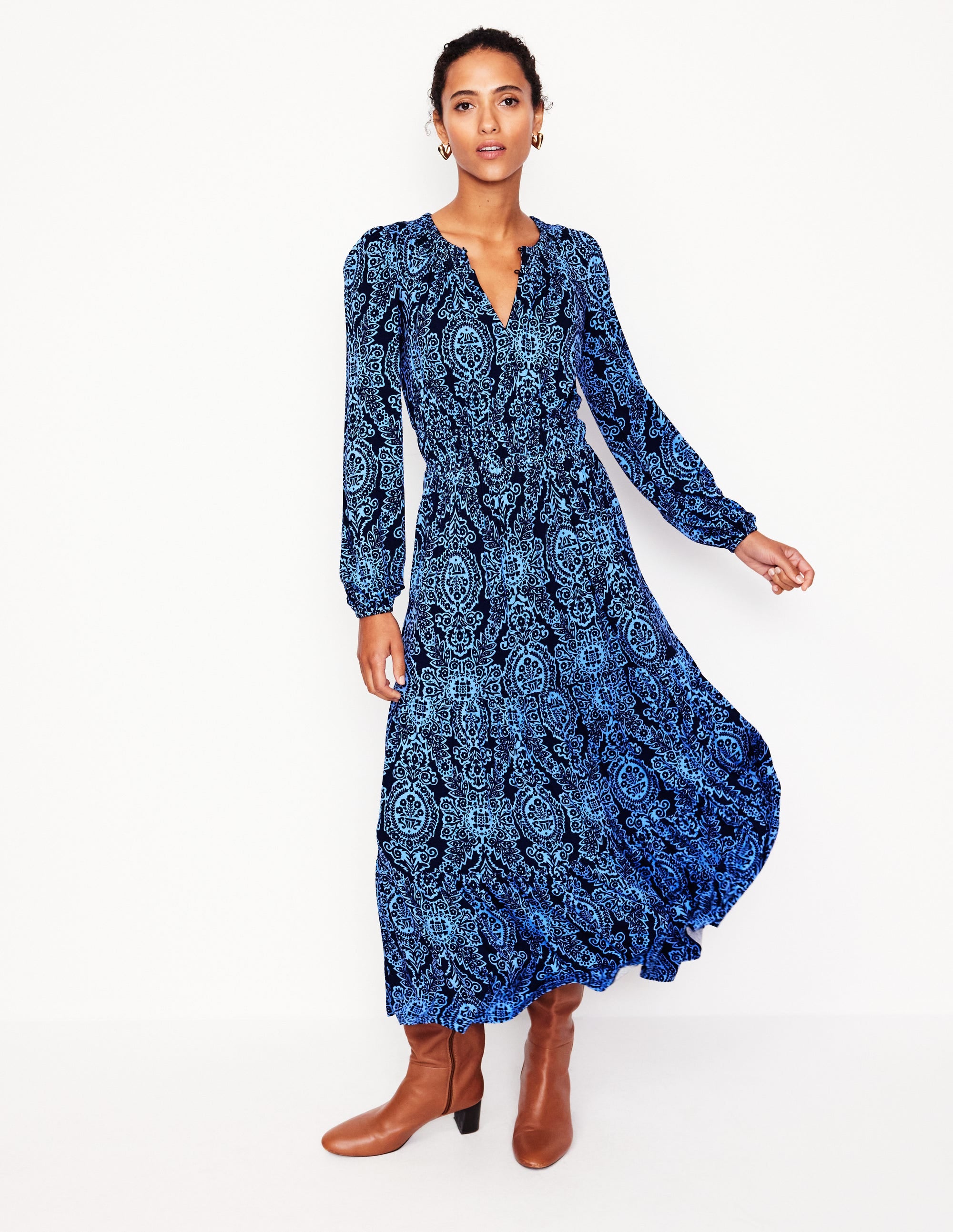Smock Tiered Jersey Midi Dress-Forget-me-not, Opulent Vine | Boden USA