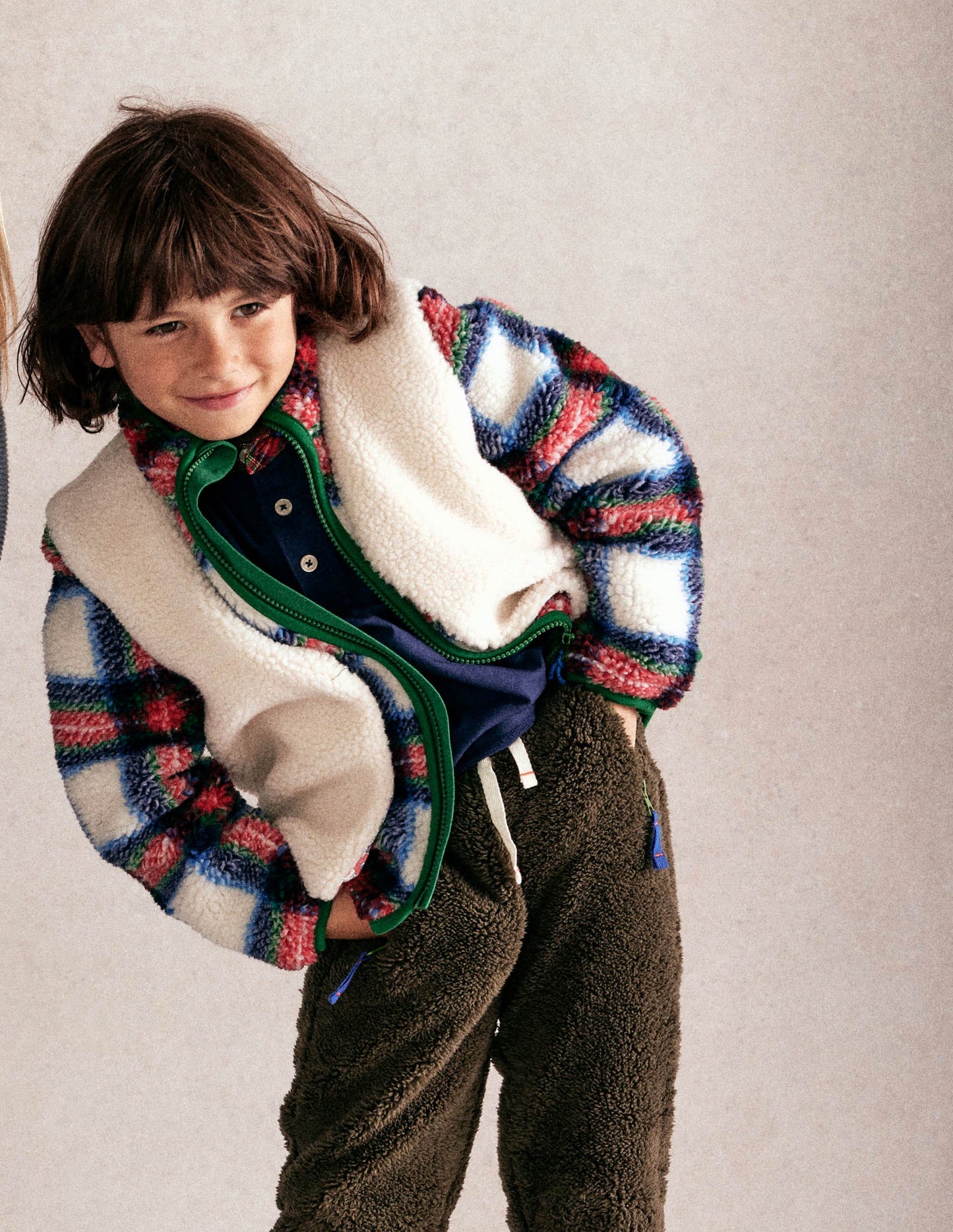 Cosy Borg Jacket-Ivory, Blue and Red Check