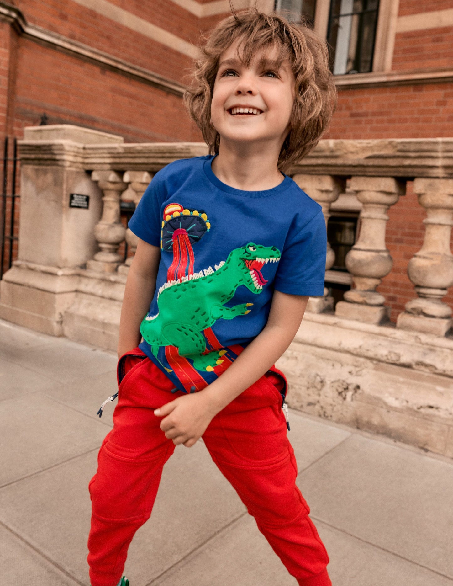 Short Sleeve Appliqué T-shirt-Dino Space