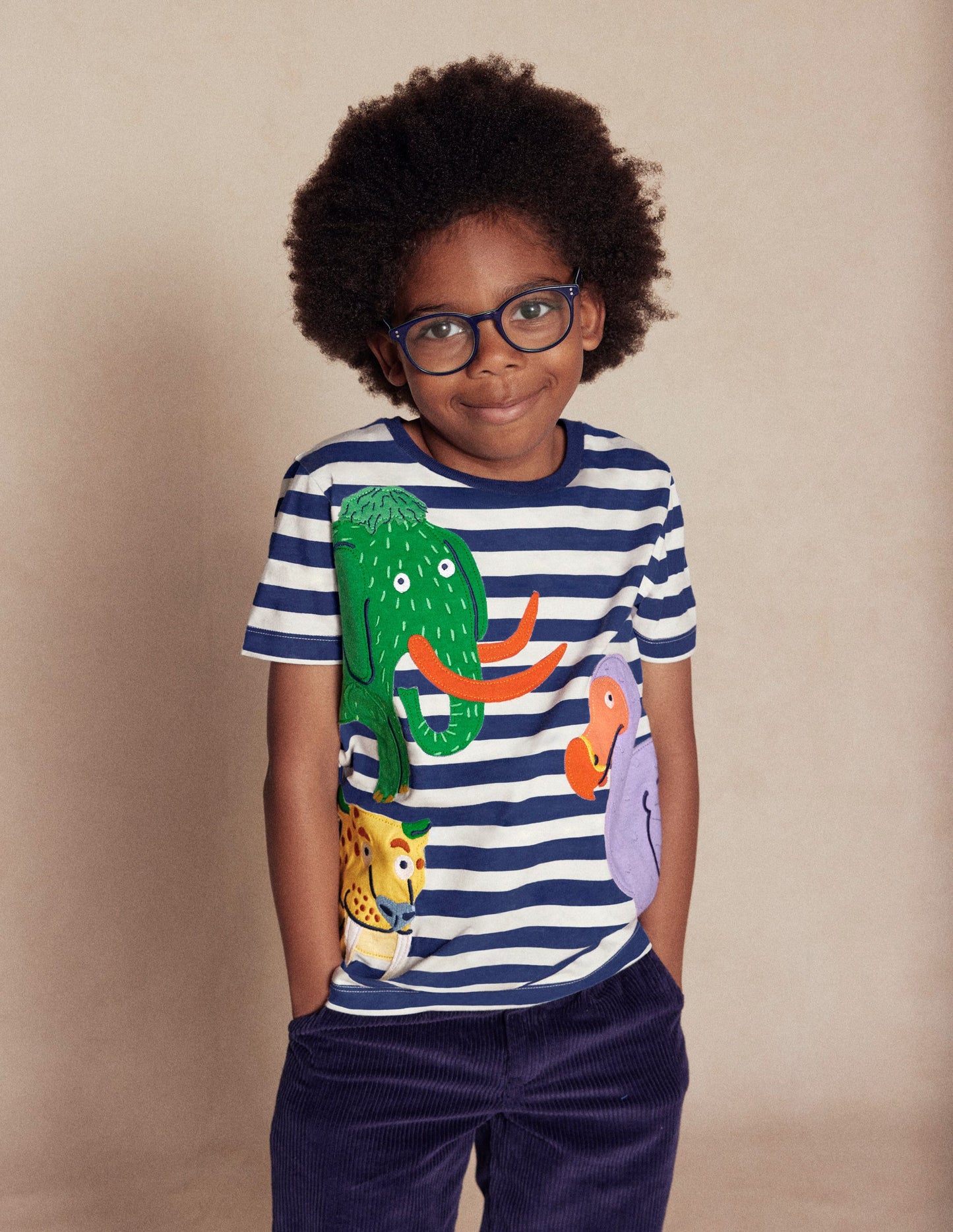 Short Sleeve Appliqué T-shirt-Prehistoric Animals Applique