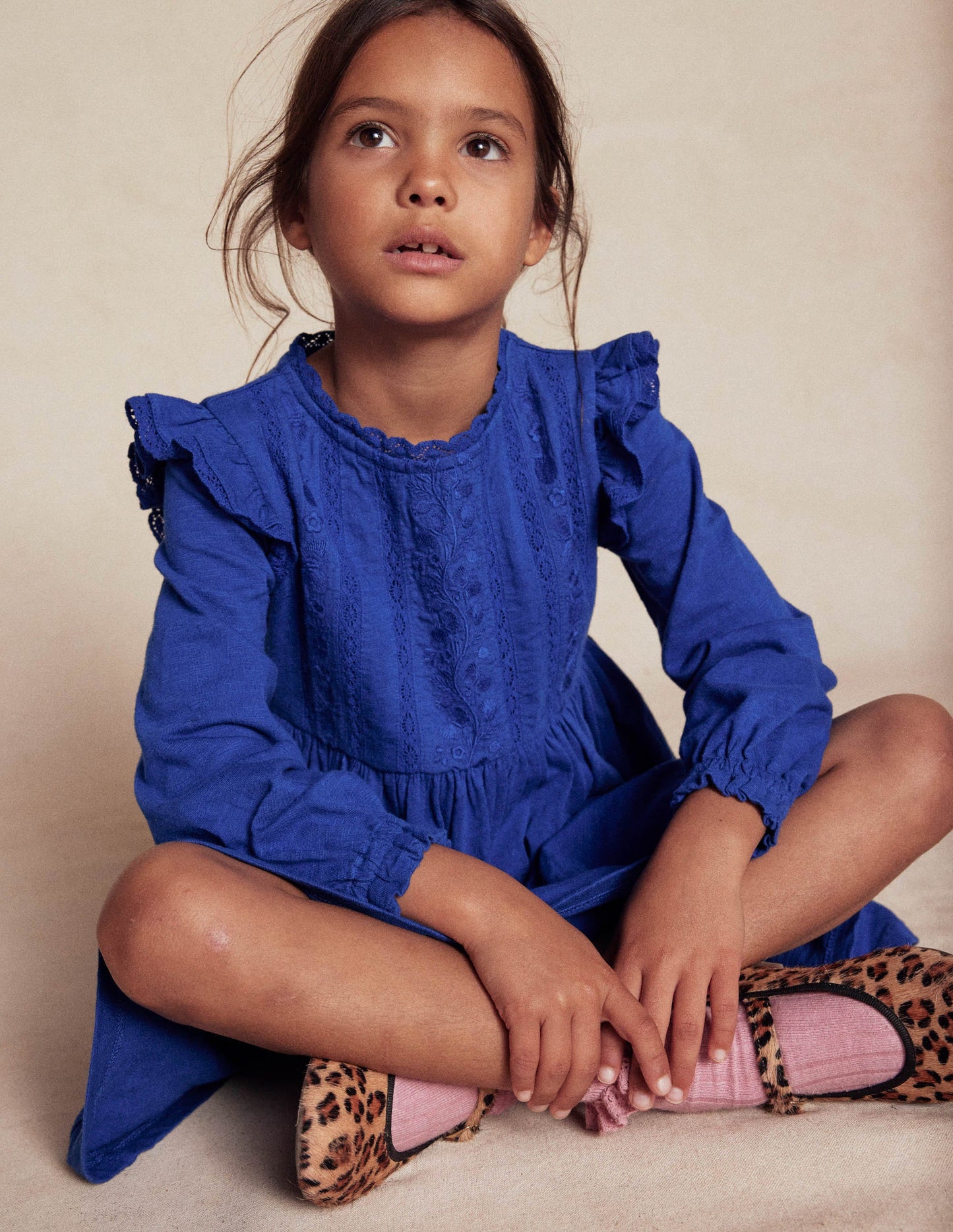 Lace Trim Jersey Dress-Bluejay