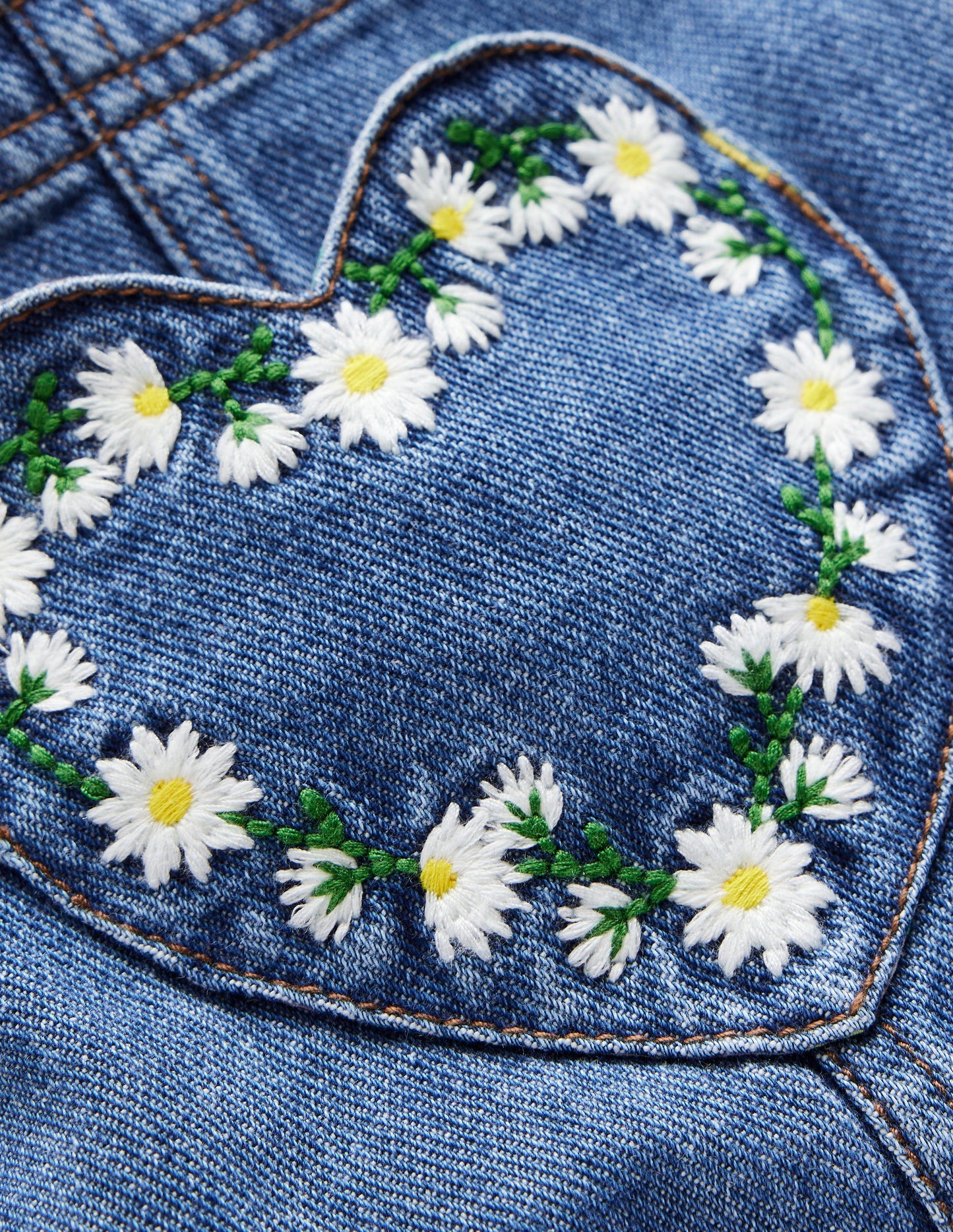 Heart Pocket Short Overalls-Vintage Embroidered Daisy