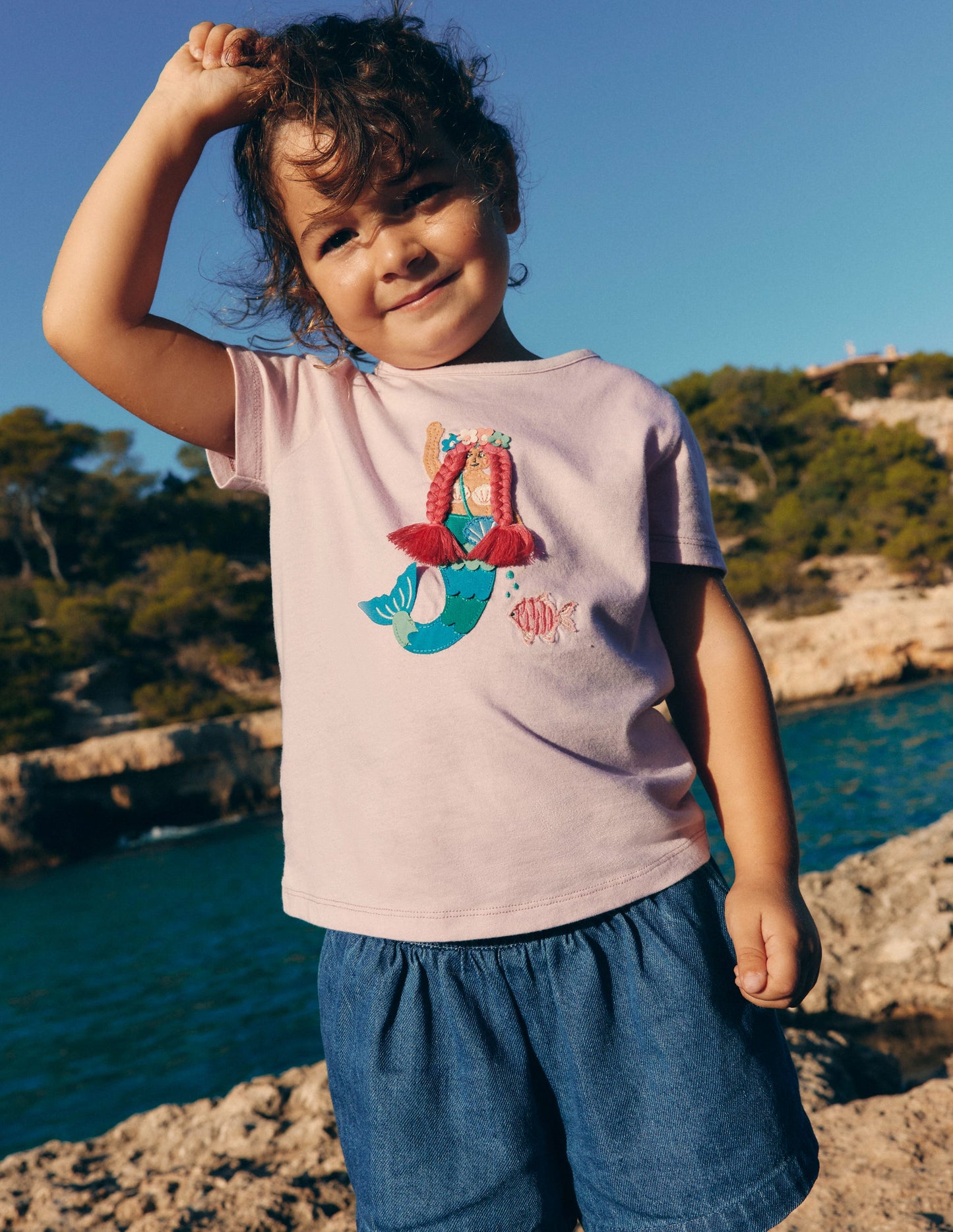 Short Sleeve Appliqué T-shirt-Chalk Pink Mermaid