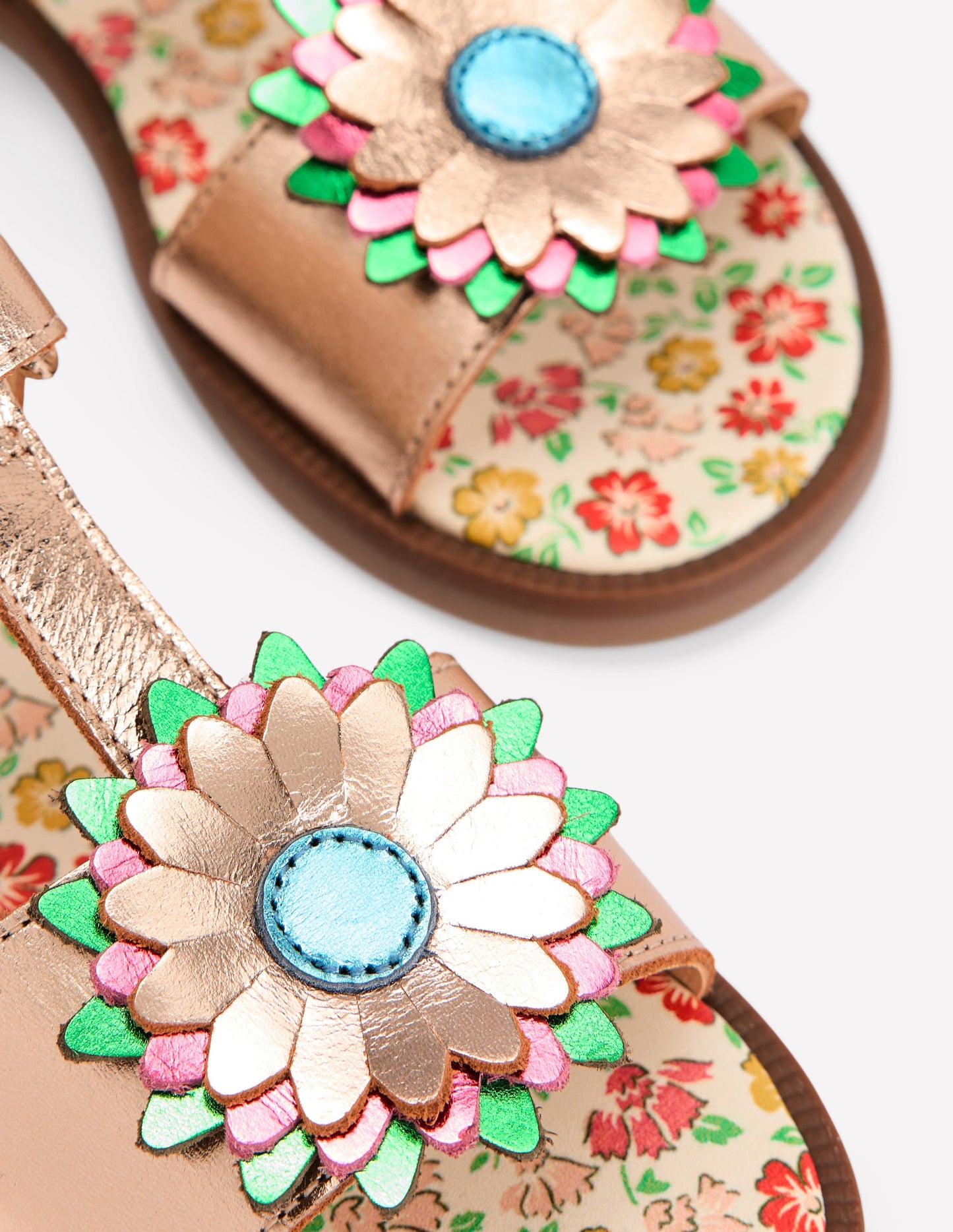 Fun Leather Sandals-Gold Metallic Flower