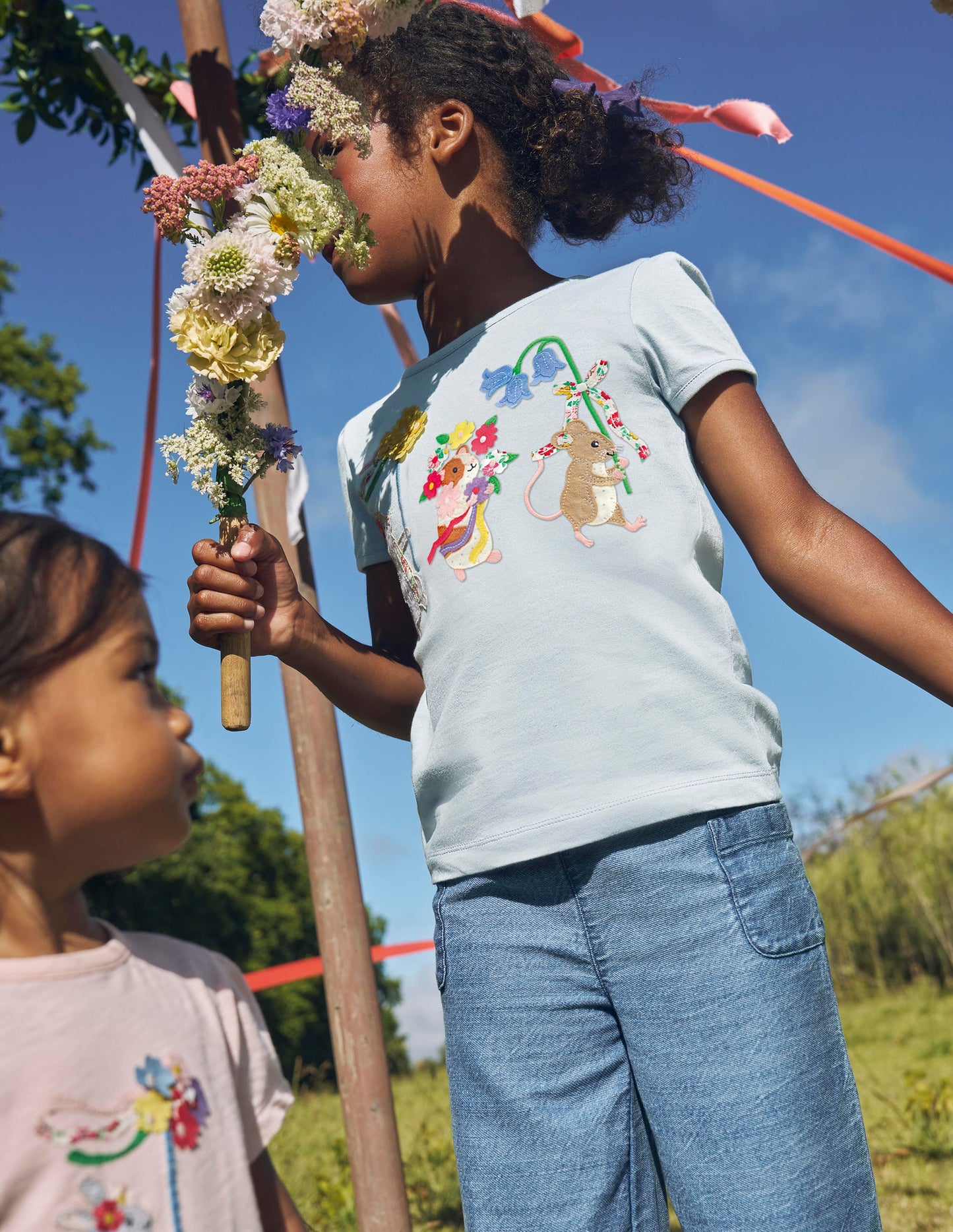 Puff Sleeve Applique Top-Cloud Blue Animals