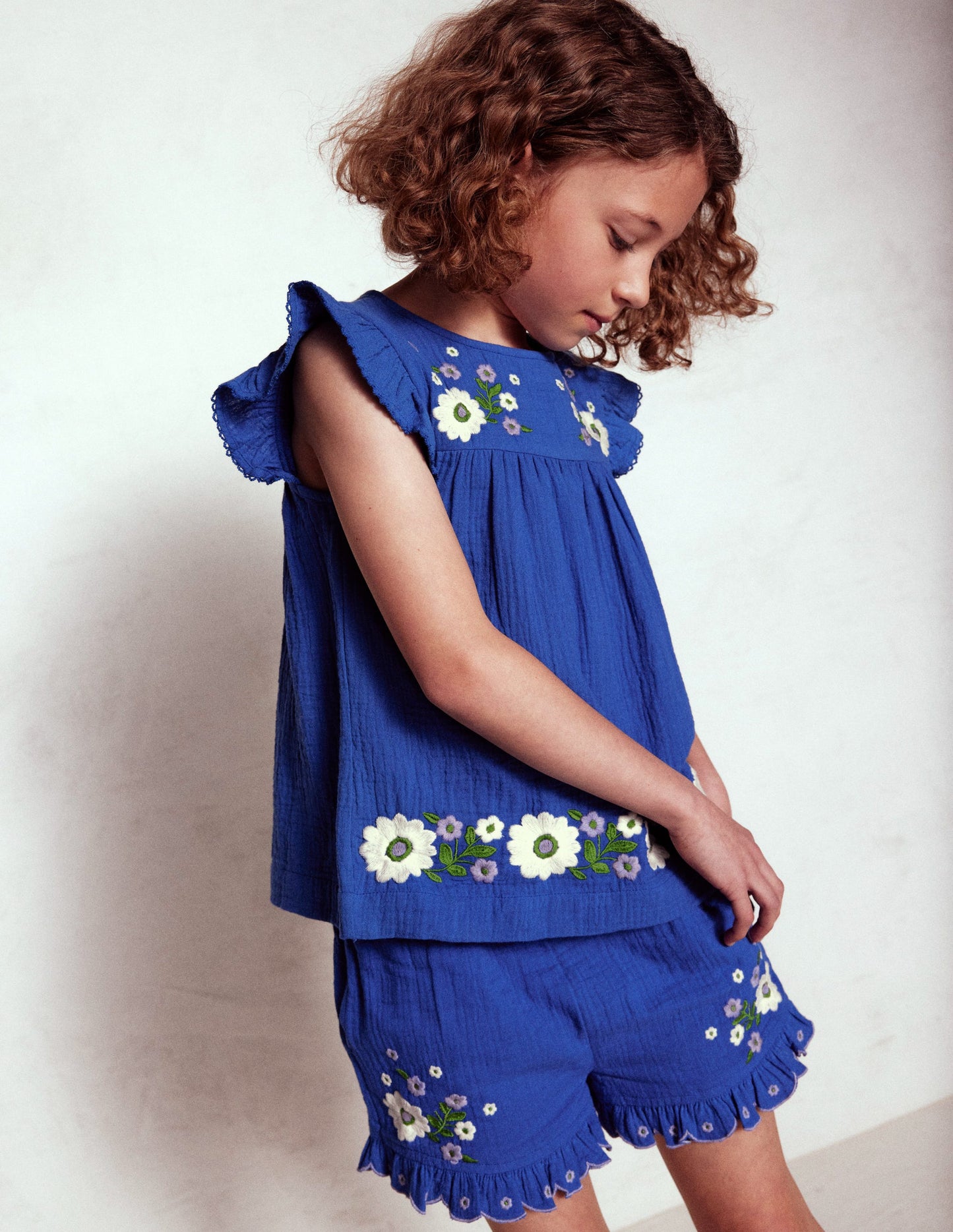 Double Cloth Frill Sleeve Top-Kingfisher Blue Embroidered