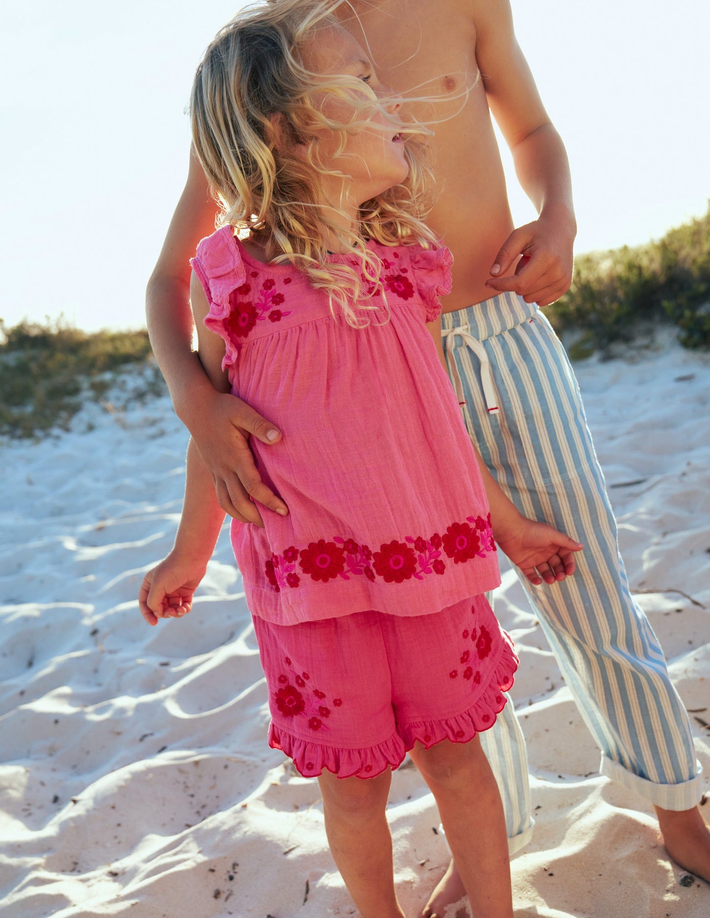 Double Cloth Frill Hem Shorts-Sorbet Pink Embroidered