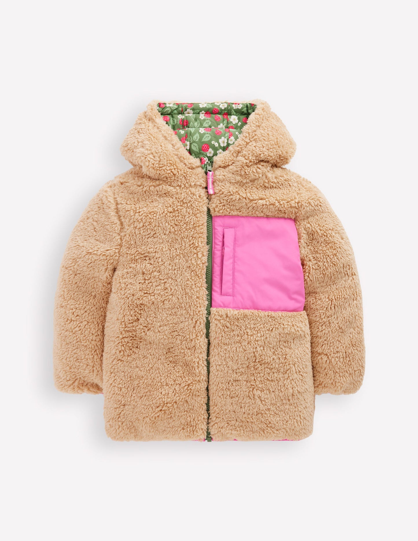 Reversible Padded Borg Coat-Safari Green Vintage Berry