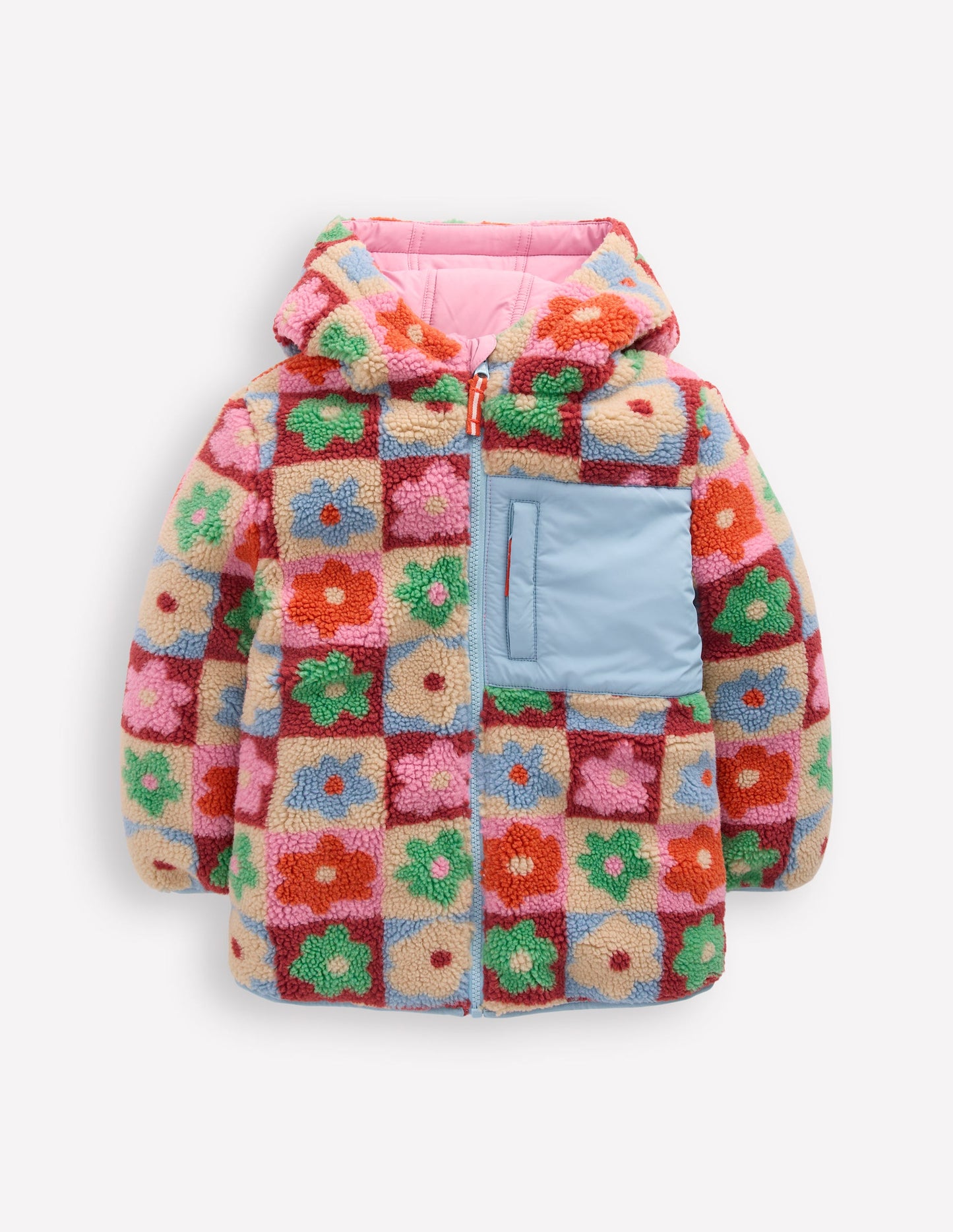 Reversible Padded Borg Coat-Multi Flower Check