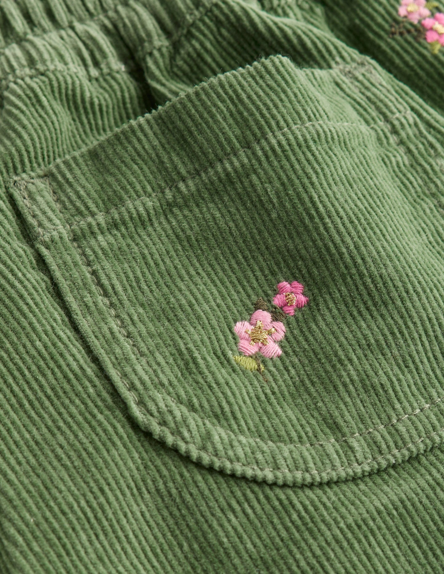 Cord Embroidered Pull-On Pants-Broccoli Green Embroidered