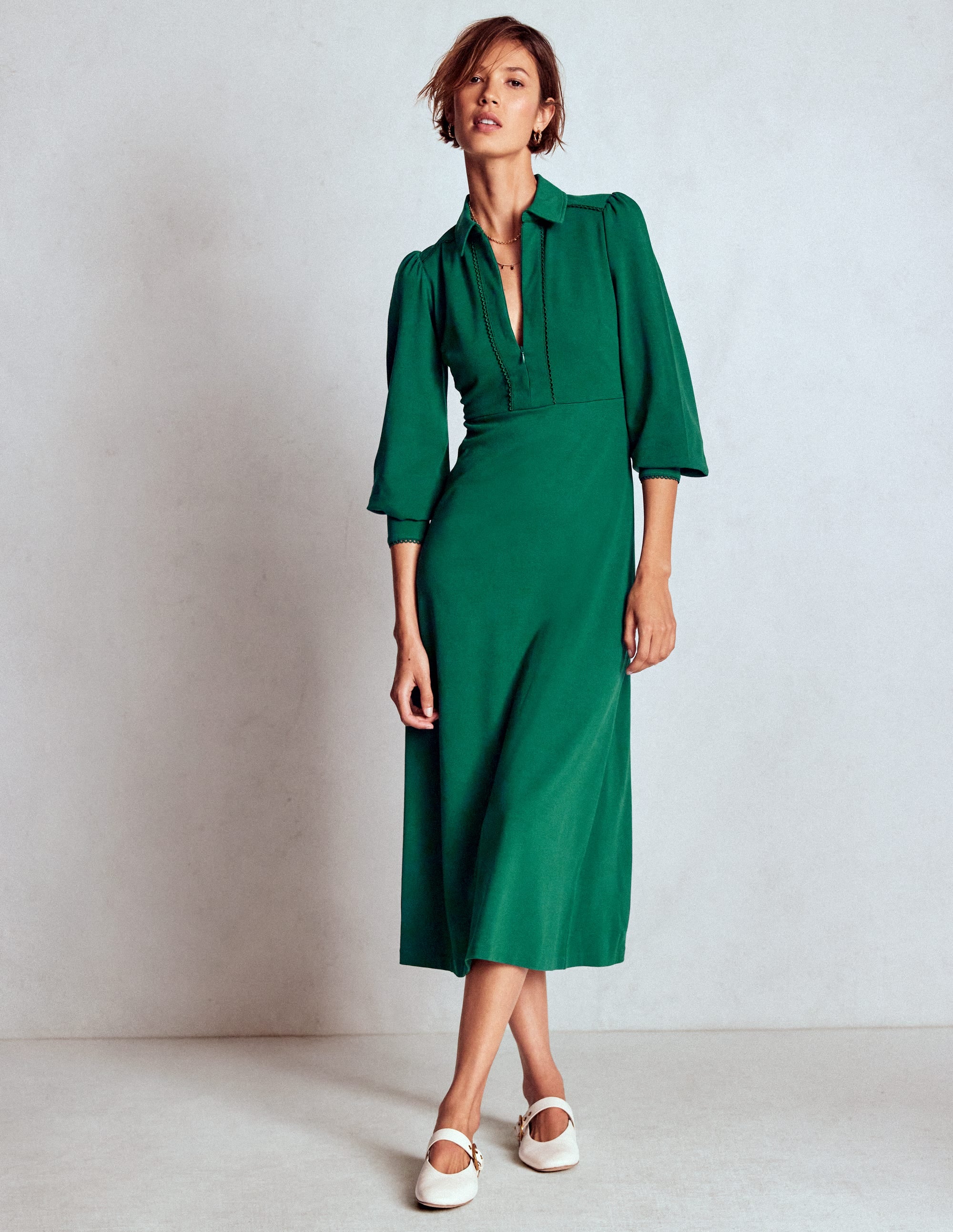 Pip Zip-Up Ponte Midi Dress-Emerald Night | Boden USA