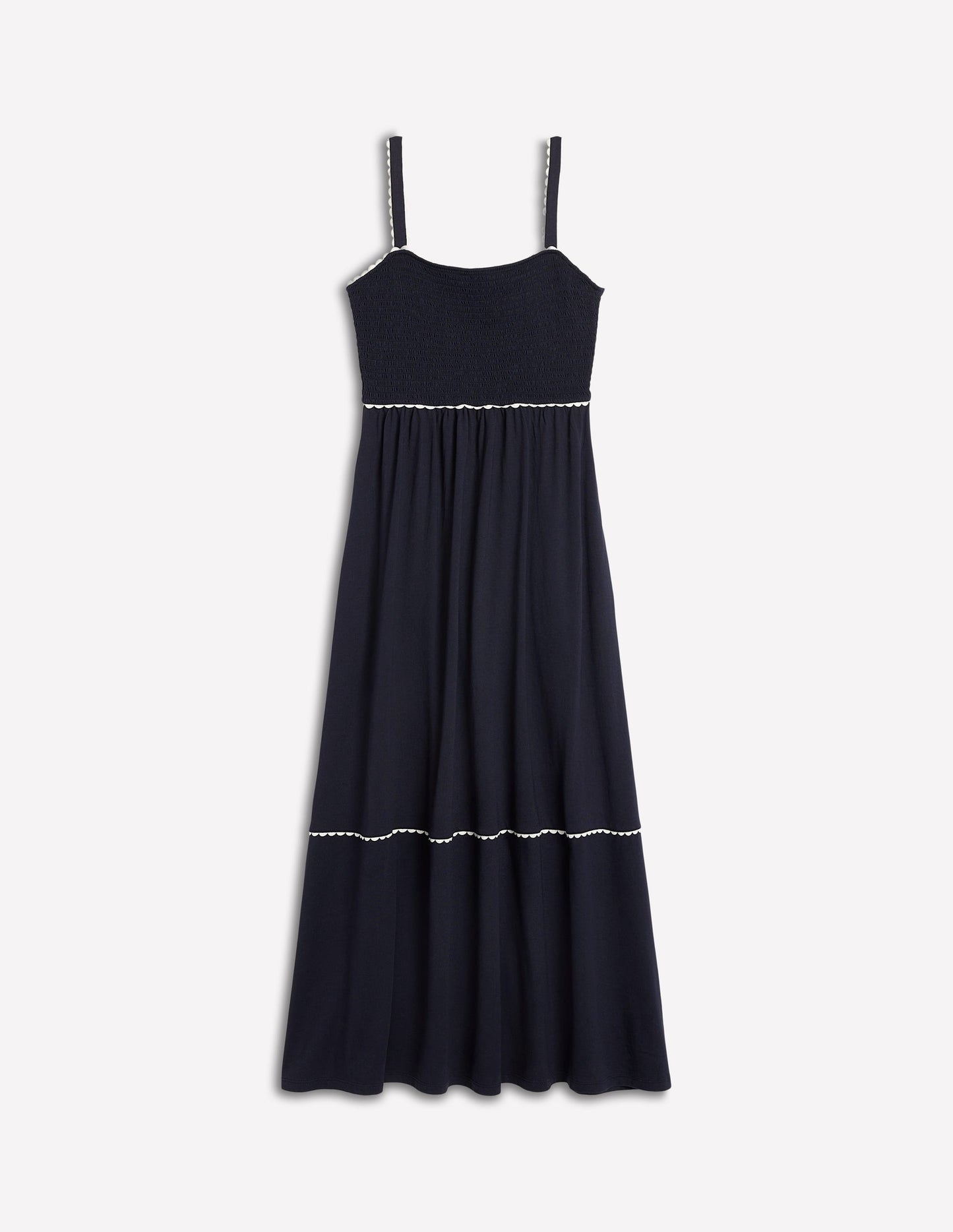 Smocked Trim Maxi Dress-Navy