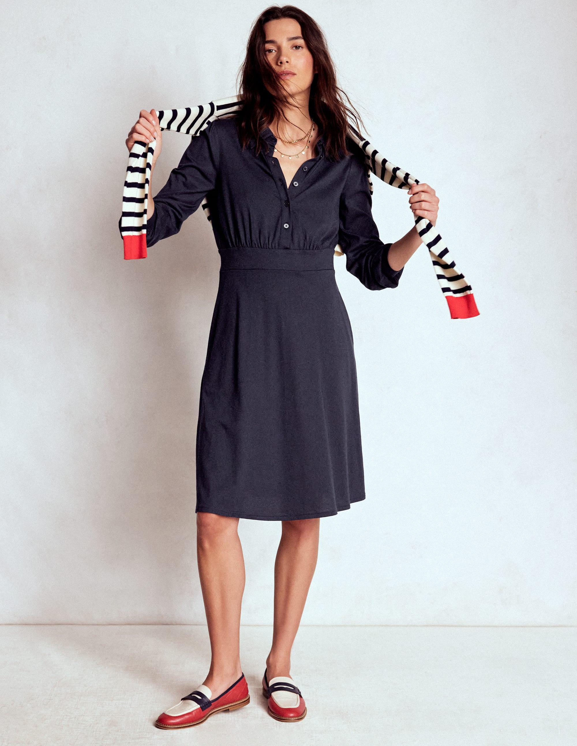 Boden Women's Orla Short Jersey Shirt Dress in Blue | Size 8 Boden Women's Orla Short Jersey Shirt Dress in Blue | Size 8