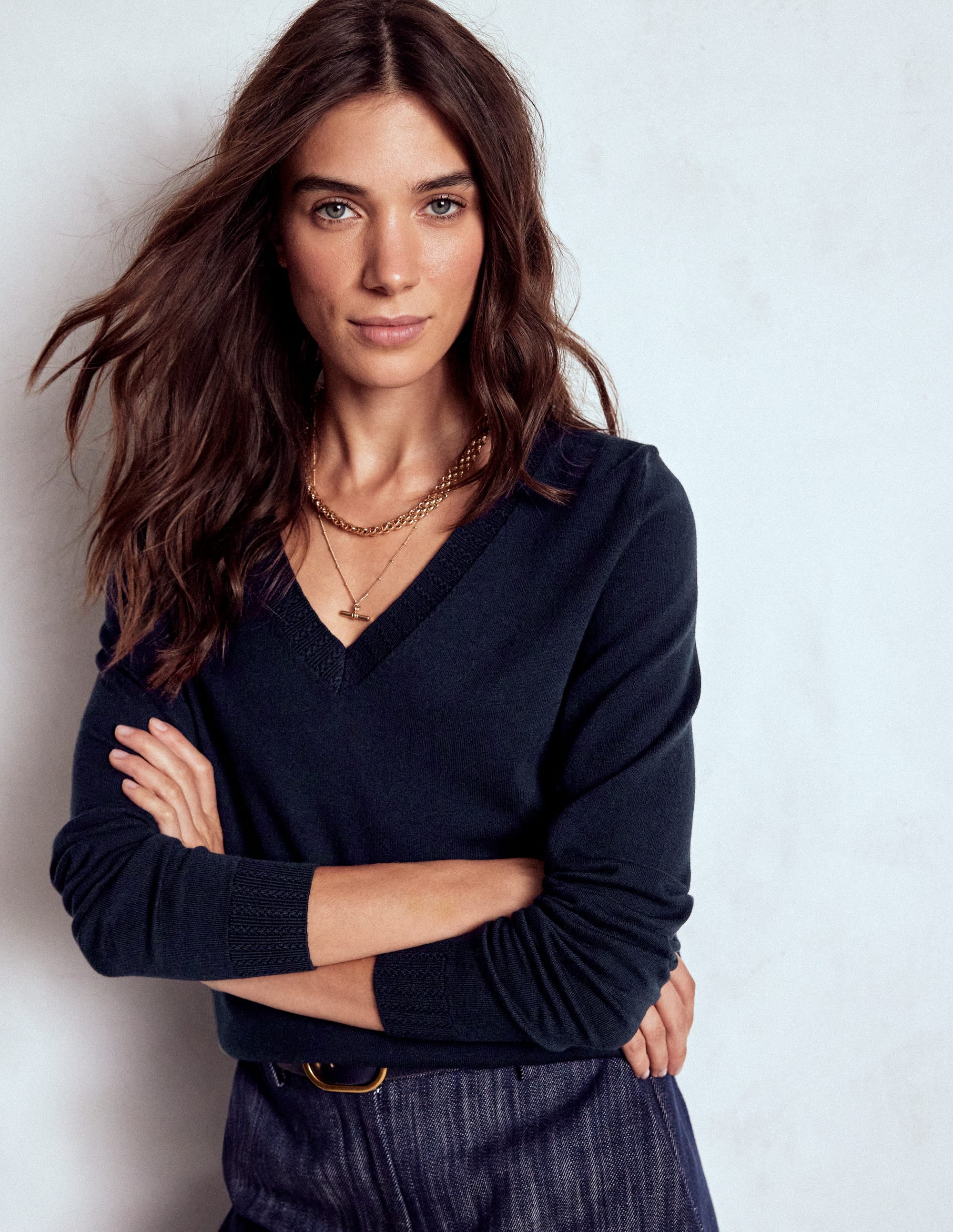 Emilia Cotton V Neck Sweater-Navy | Boden USA