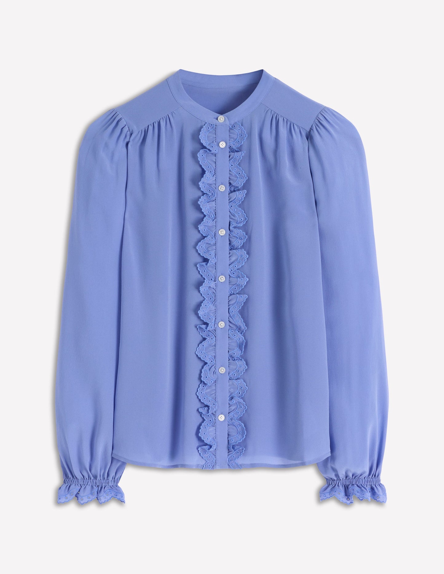 Alice Frill Front Silk Top-Soft Blue Broderie