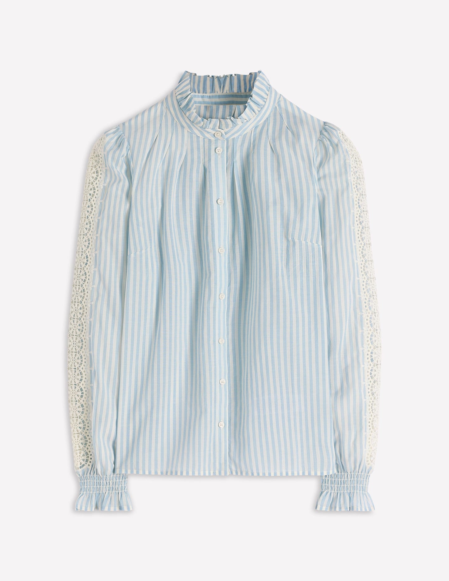 Lorna Pleated Cotton Top-Blue and Ivory Stripe