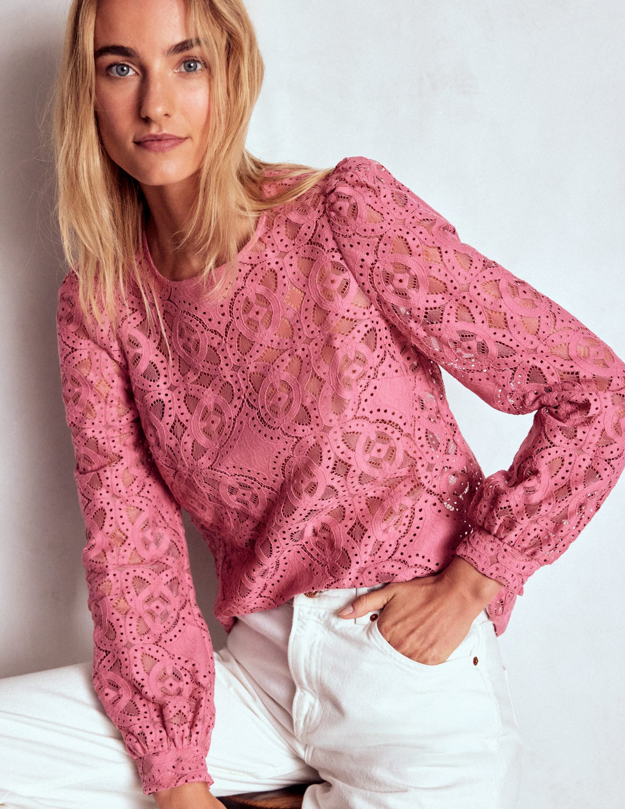 Lace Crew Neck Top-Heather Rose | Boden USA