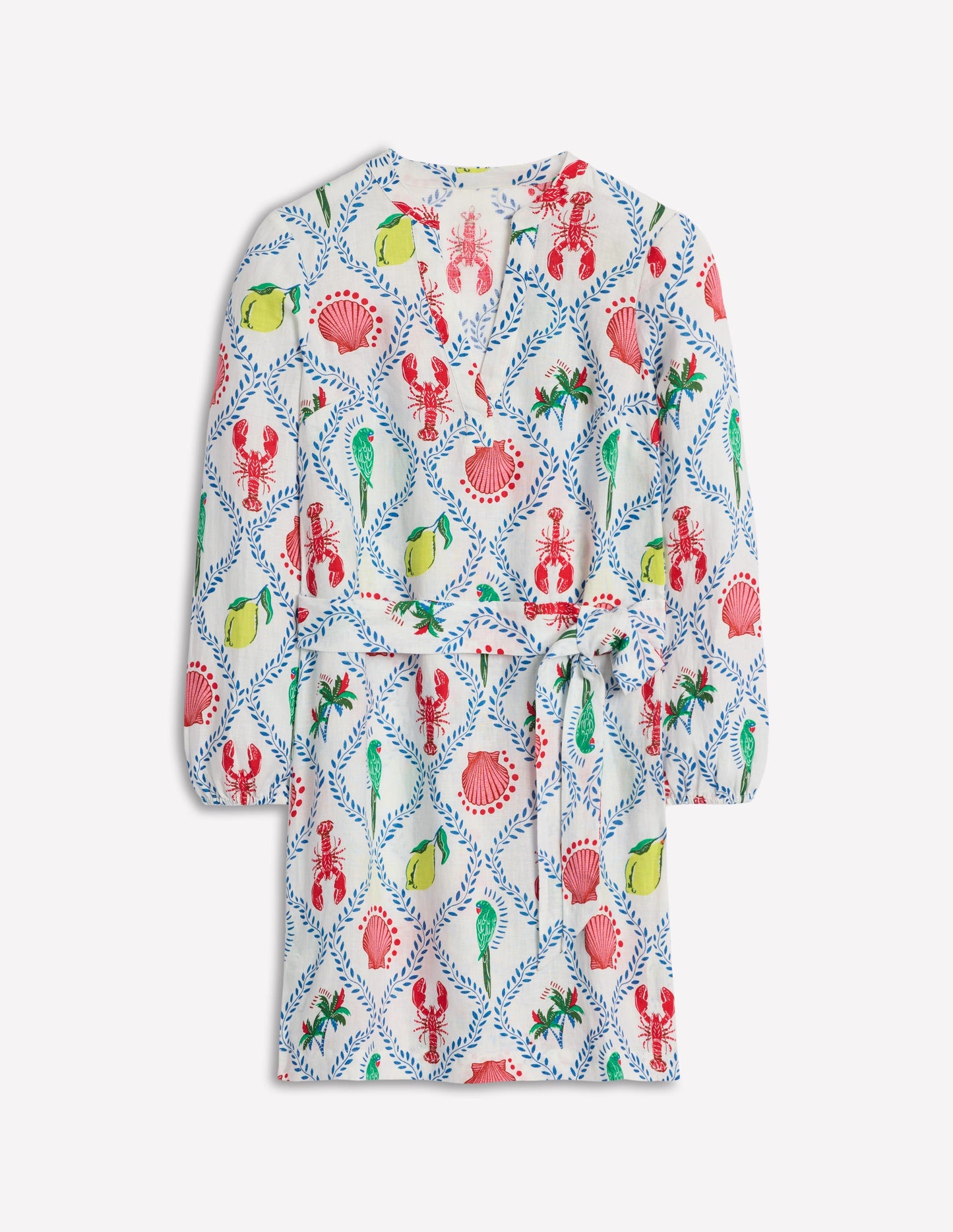 Cleo Linen Tie Waist Dress-Ivory, Tropical Bonanza Vine