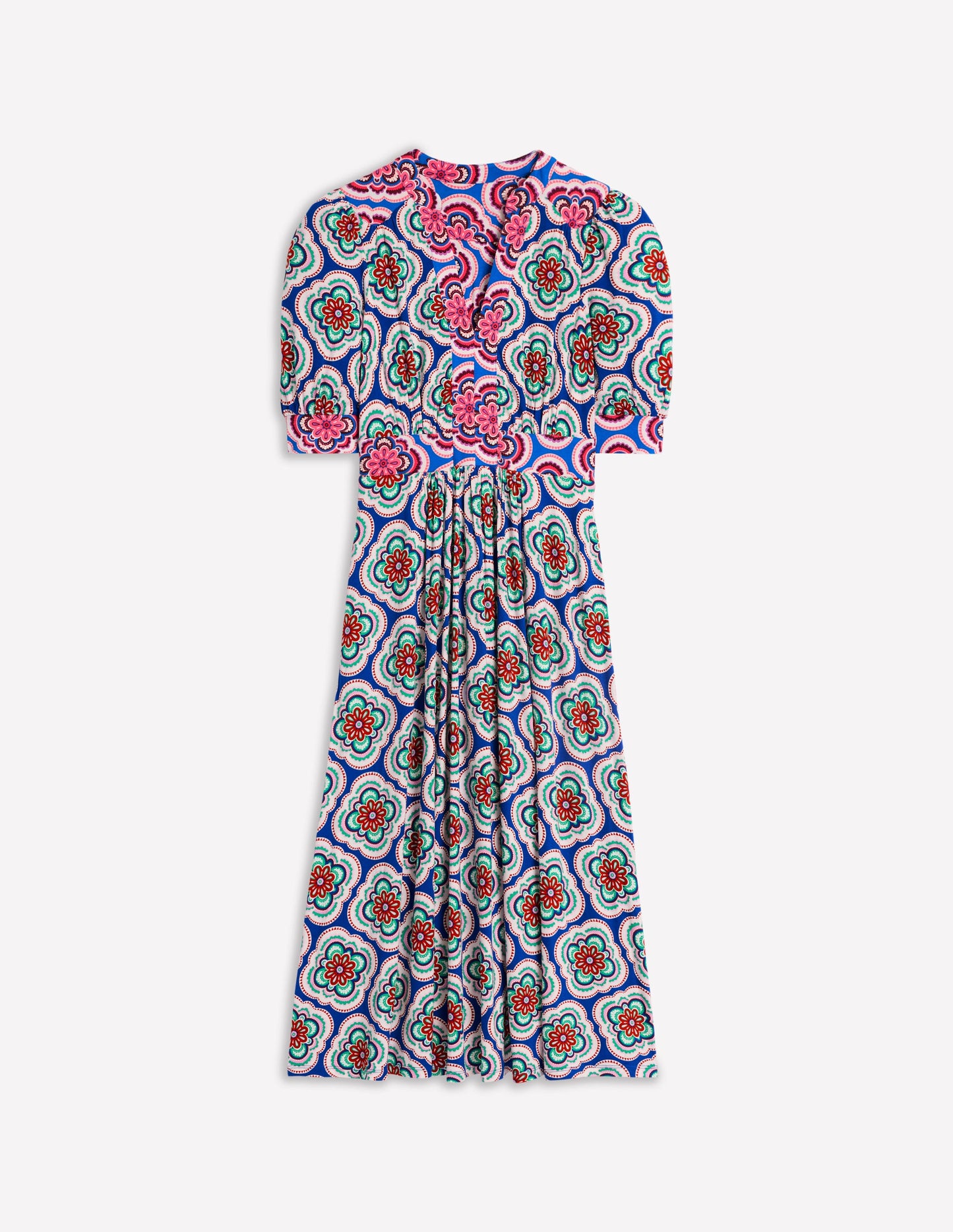 Lily Jersey Midi Tea Dress-Bright Blue, Botanic Blush