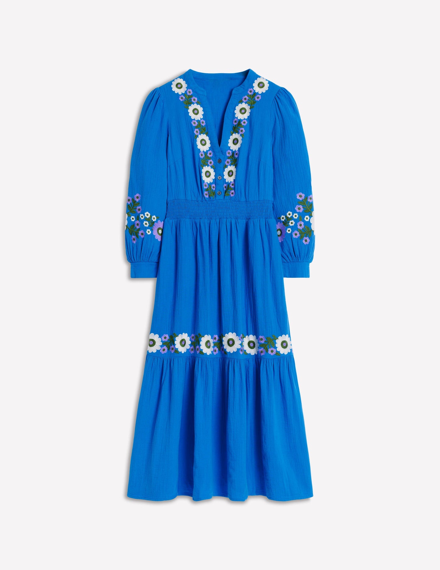 Elena Double Cloth Midi Dress-Blue Embroidery