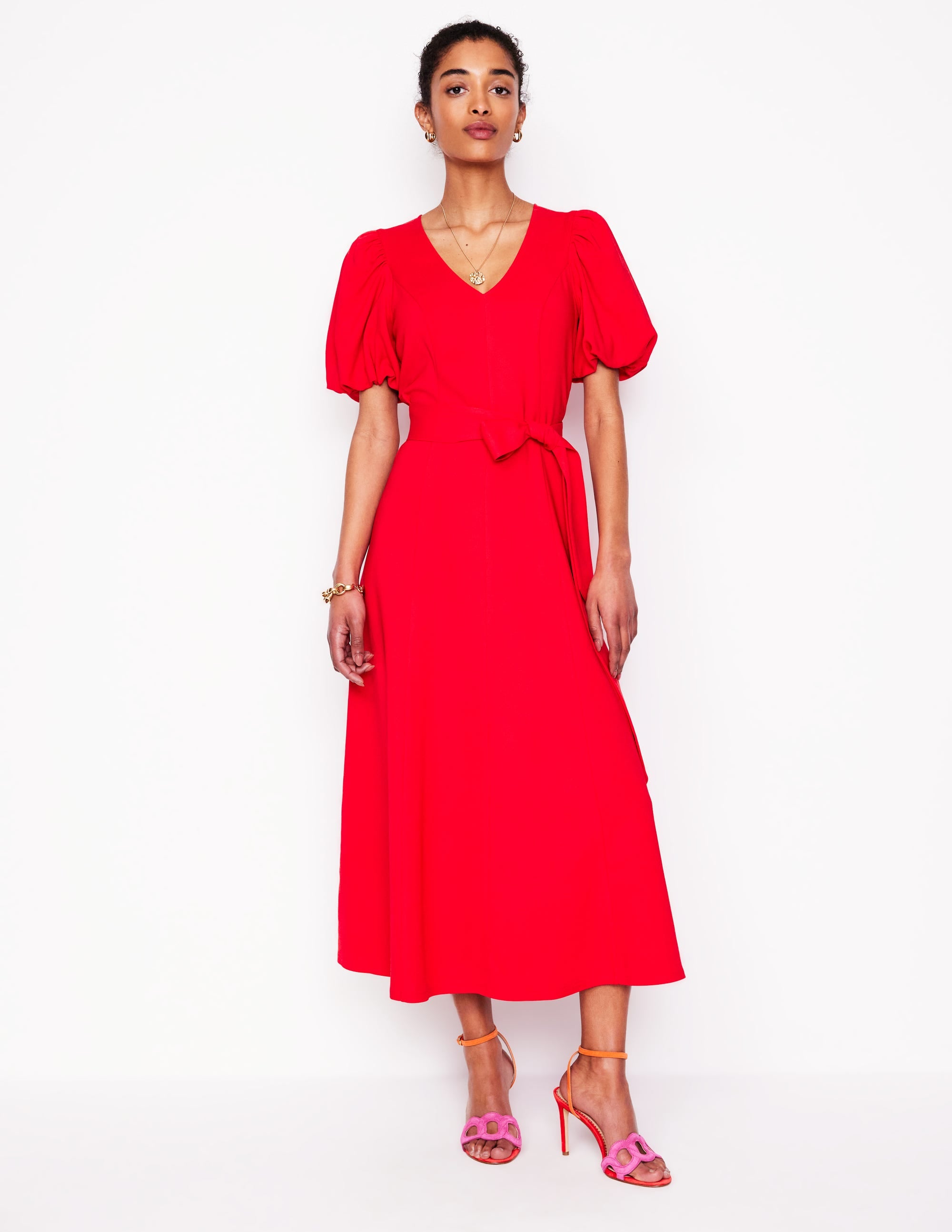 boden red dress Ruffle Silk Midi - To be summer ready just add sandals and a raffia bag Volume Sleeve Midi Dress-Poppy Red