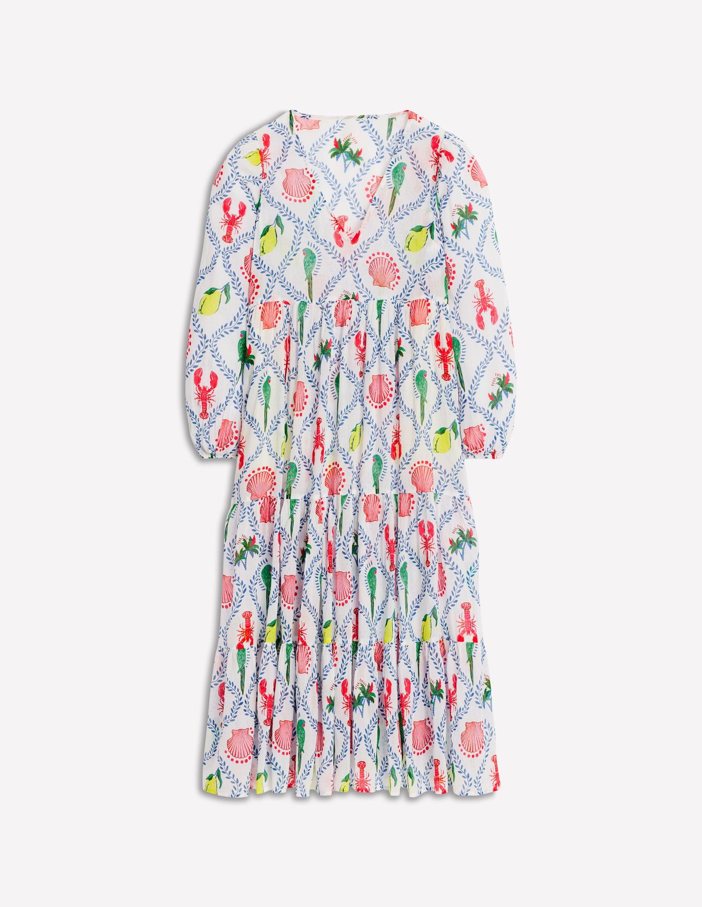 V-Neck Tiered Cotton Kaftan-Ivory, Tropical Bonanza