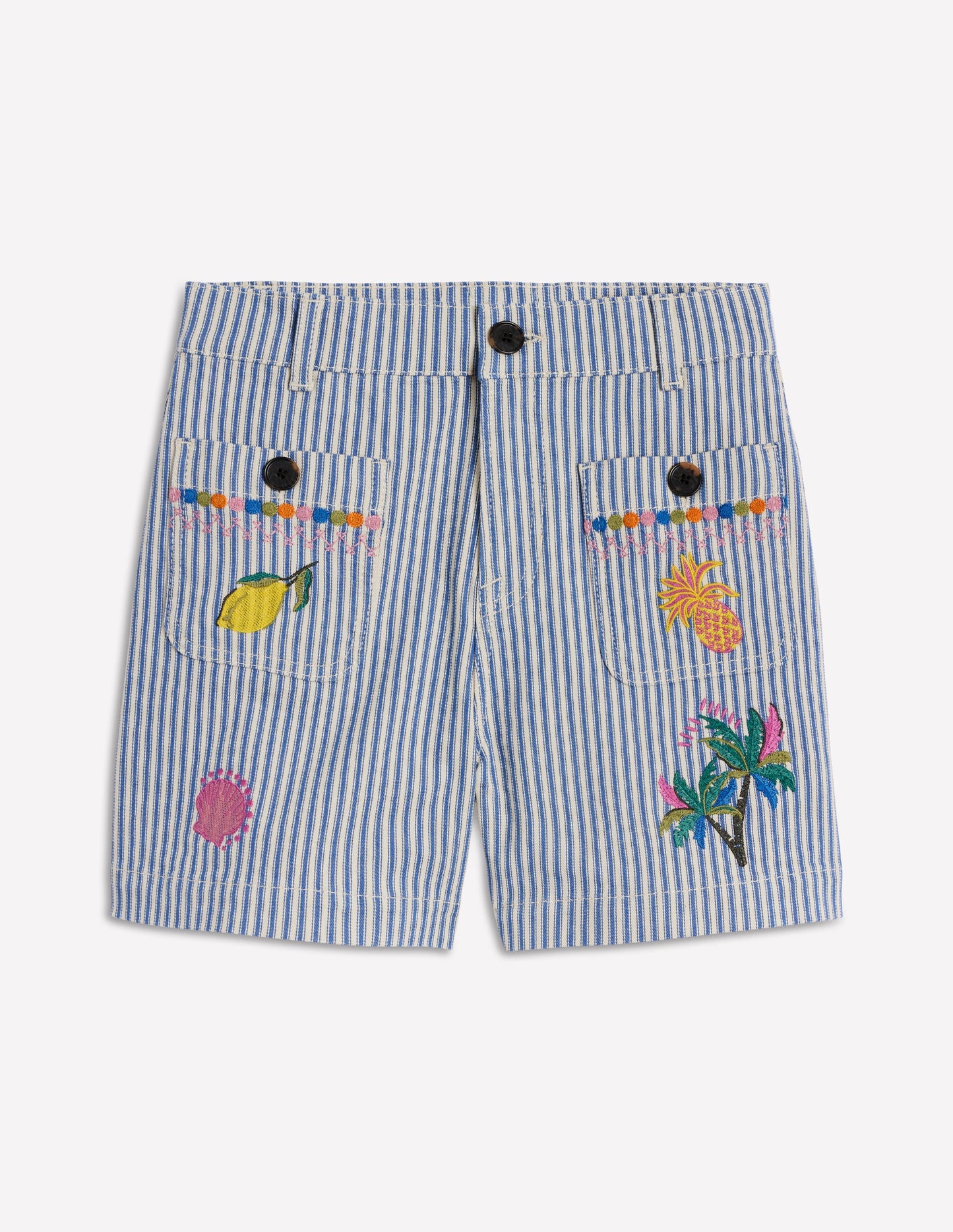 Pocket Front Denim Shorts-Ticking Stripe Embroidery