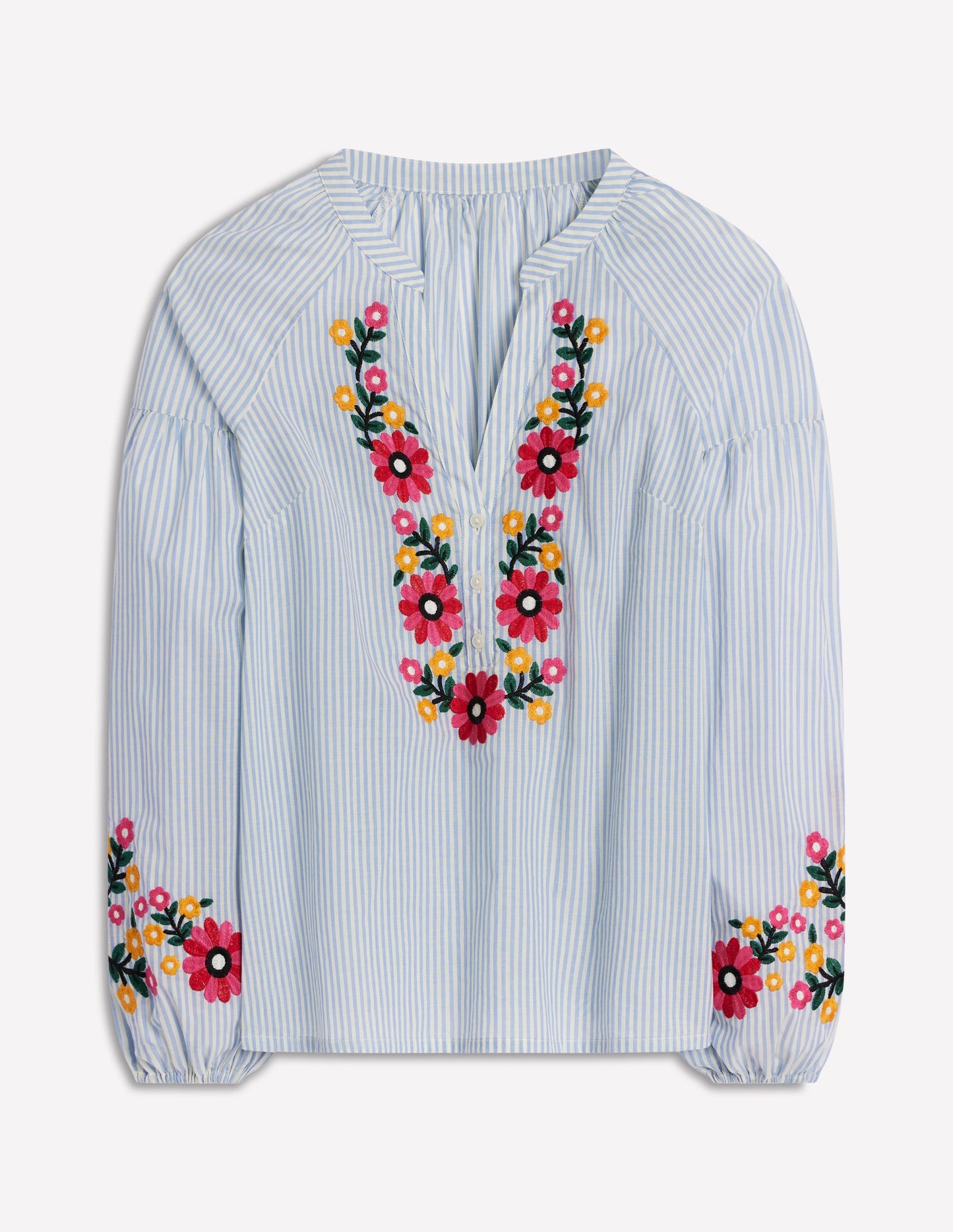 Raglan Embroidered Cotton Top-Ivory, Navy Stripe