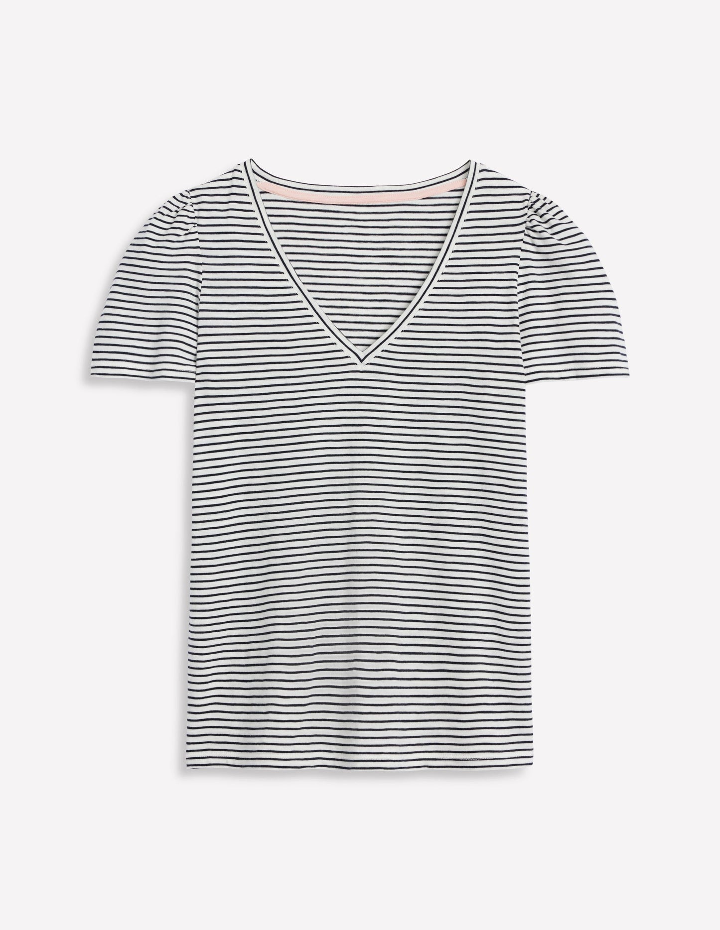 V Neck Slub T-shirt-Ivory, Navy Stripe
