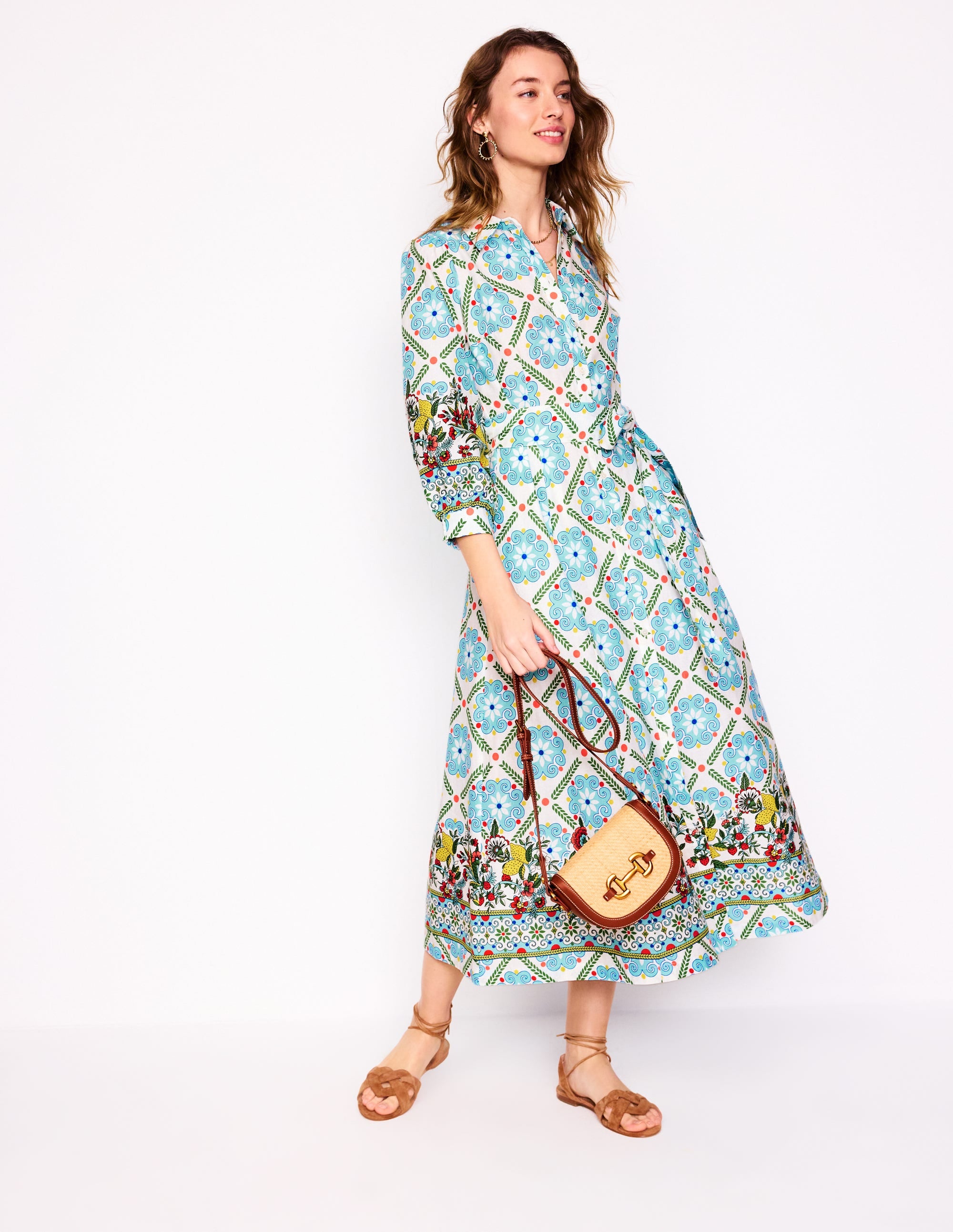 Clara Linen Blend Shirt Dress-Multi, Citrus Vine Tile Clara Linen Blend Shirt Dress-Multi, Citrus Vine Tile