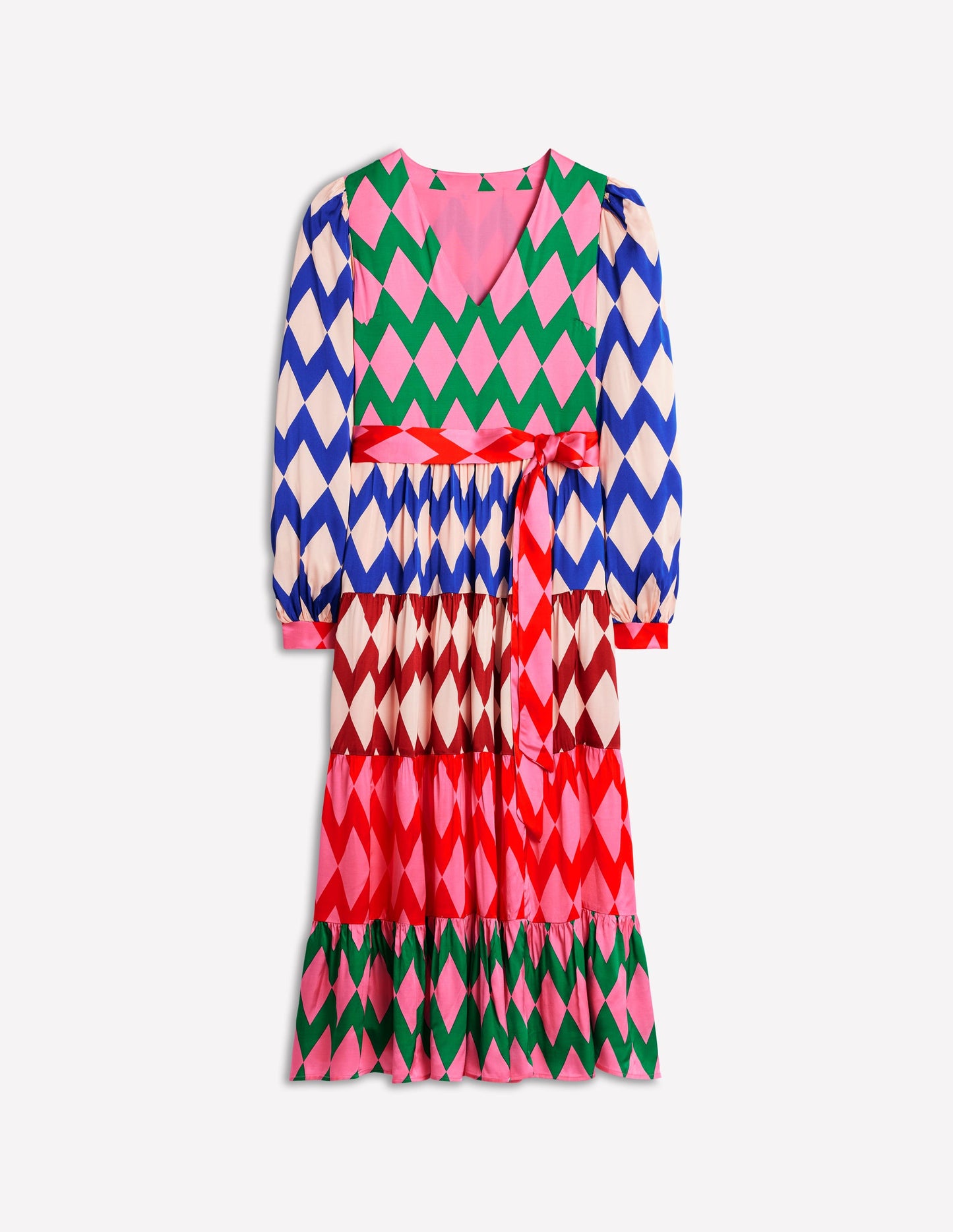 V-Neck Tiered Dress-Multi, Diamond Stripe