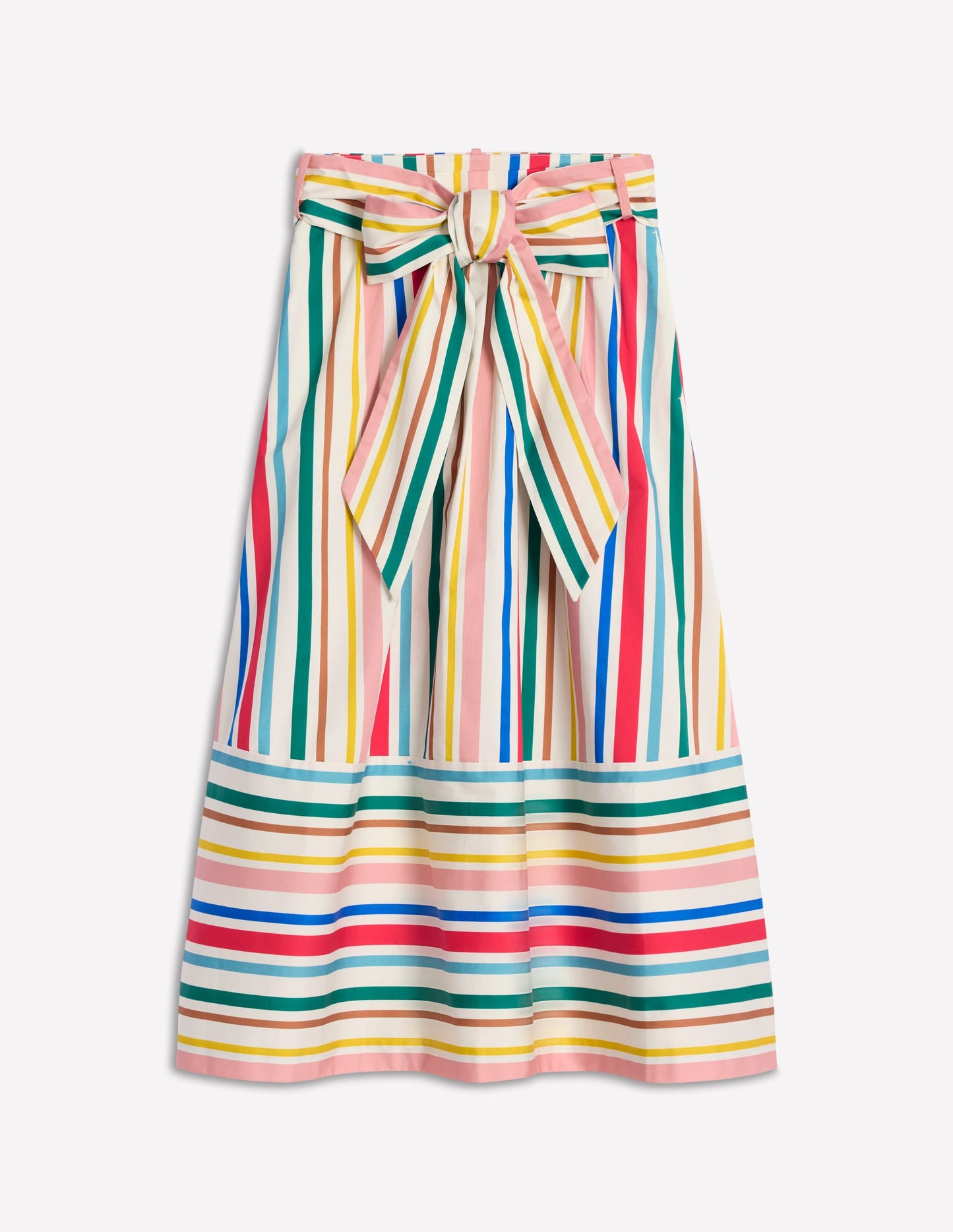 Tie Belt Sateen Midi Skirt-Ivory Varigated Rainbow Stripe