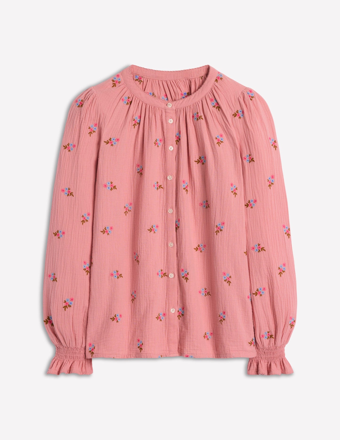 Evie Double Cloth Top-Almond Pink, Floral Embroidery