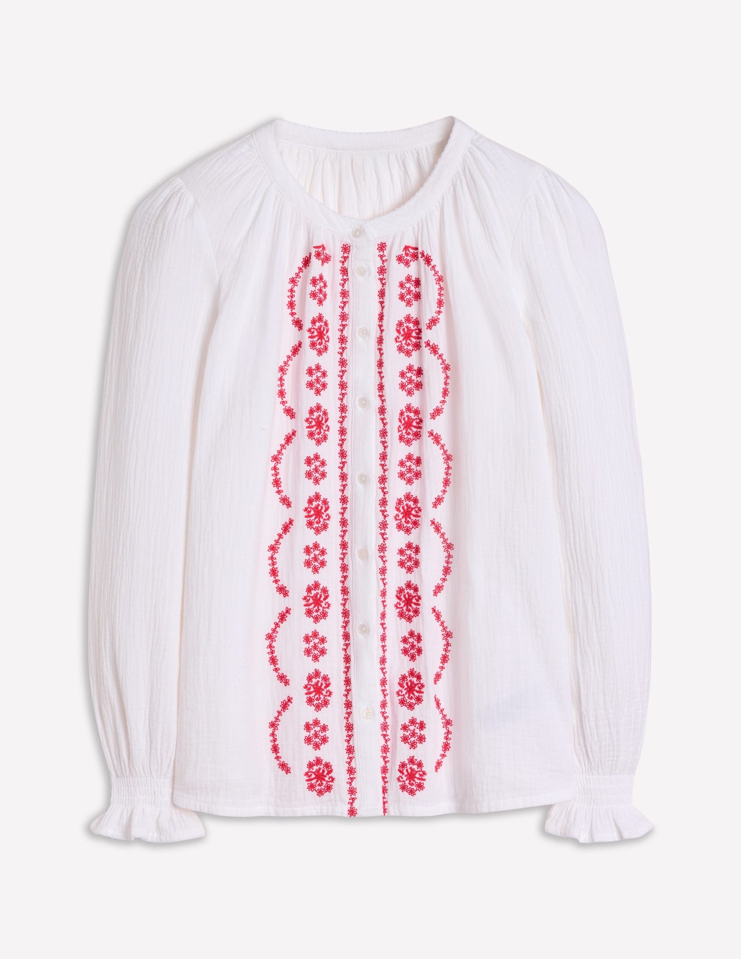 Evie Double Cloth Top-White, Red Embroidery
