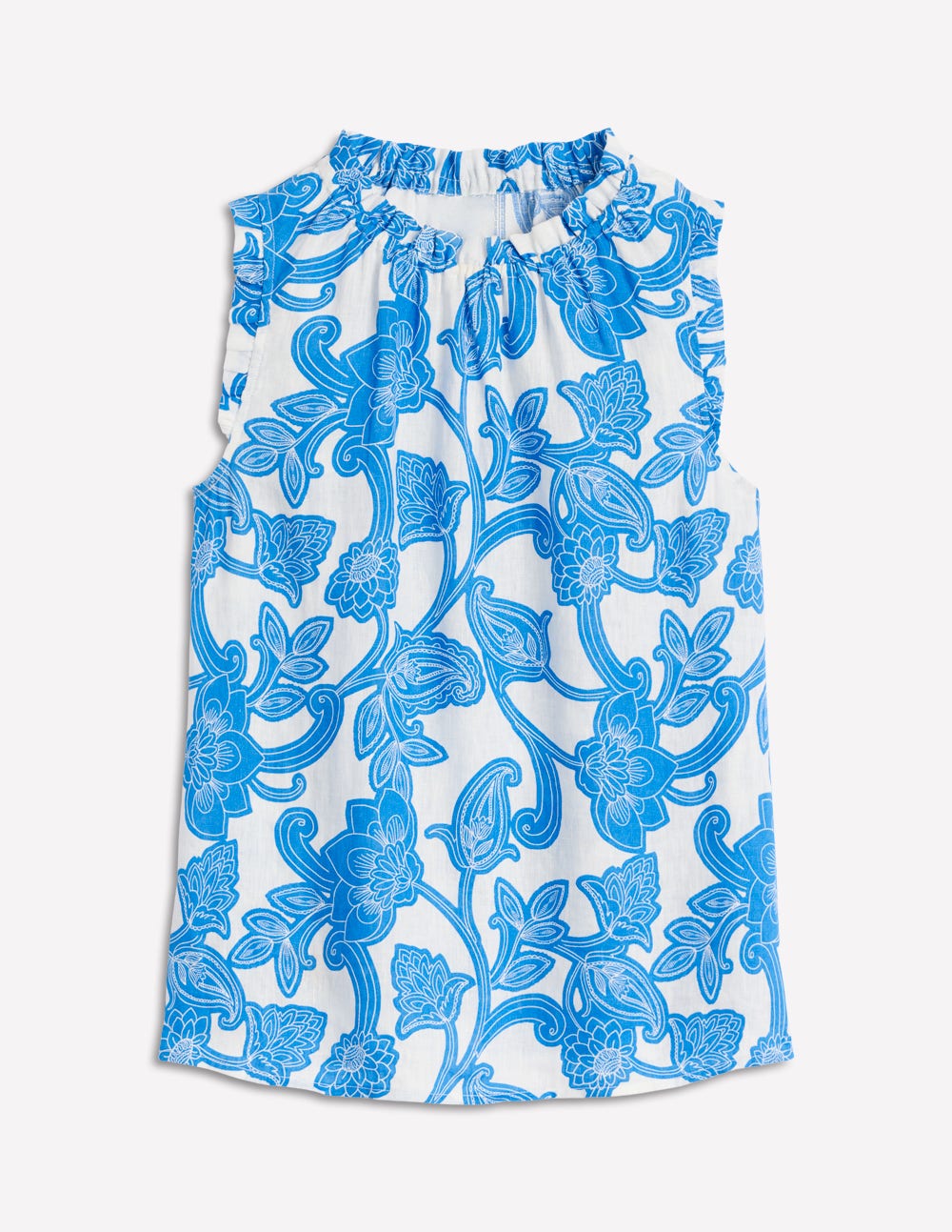 Sophie Ruffle Linen Top-Cerulean Blue, Paisley Whirl