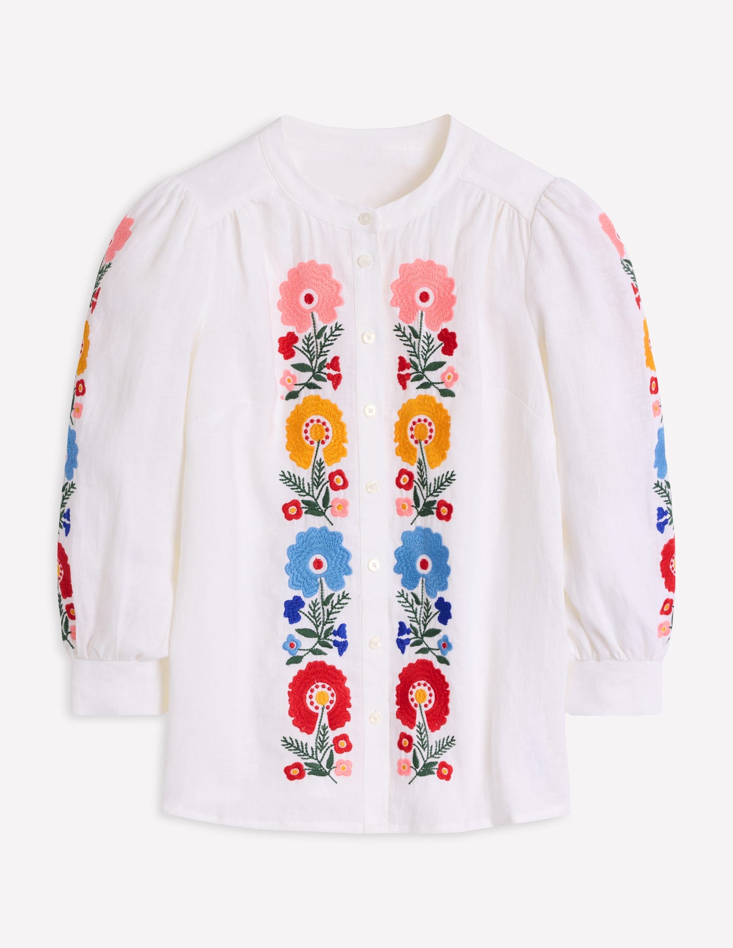 Alicia Linen Top-White, Floral Embroidery