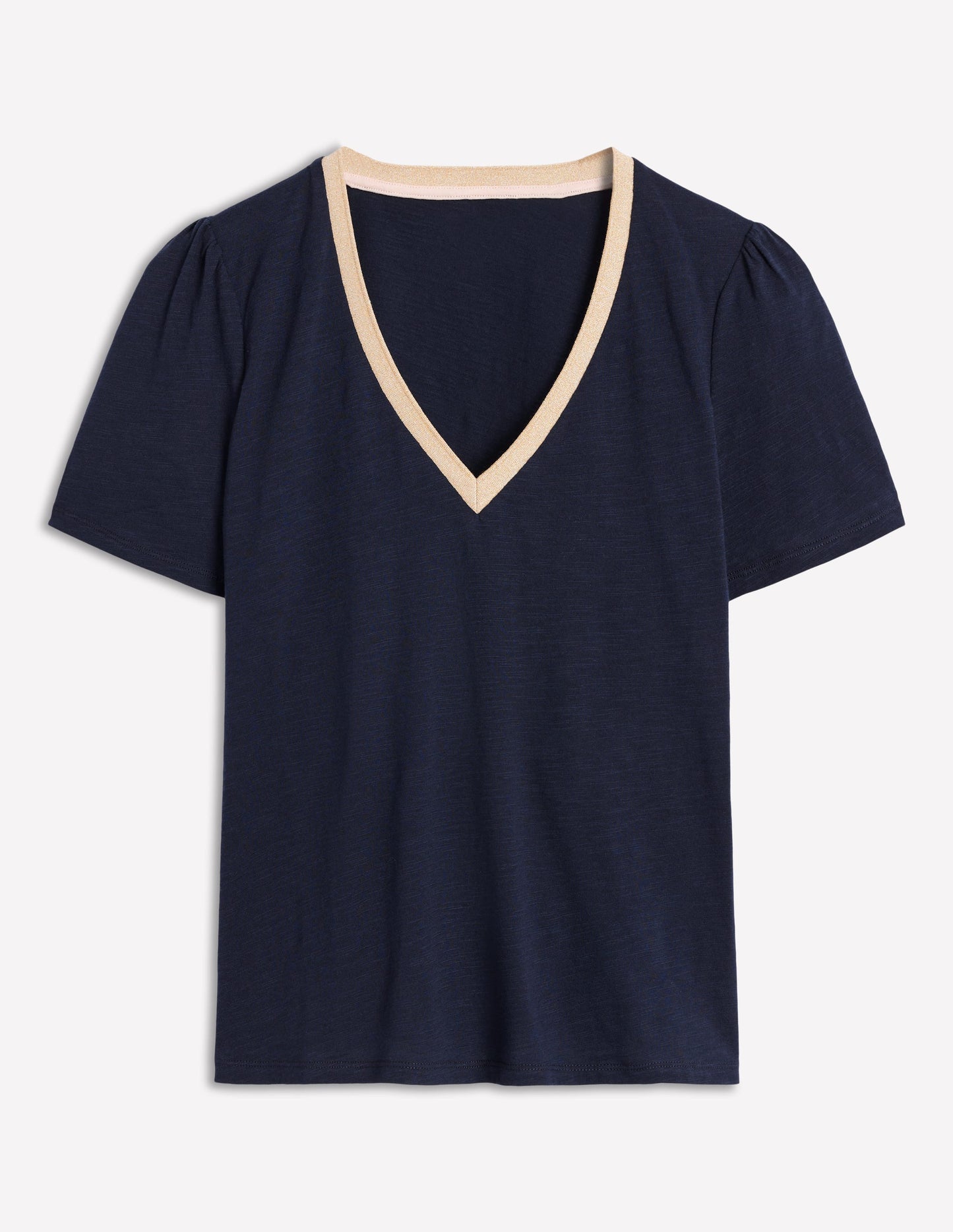 Metallic Trim V Neck T-shirt-Navy