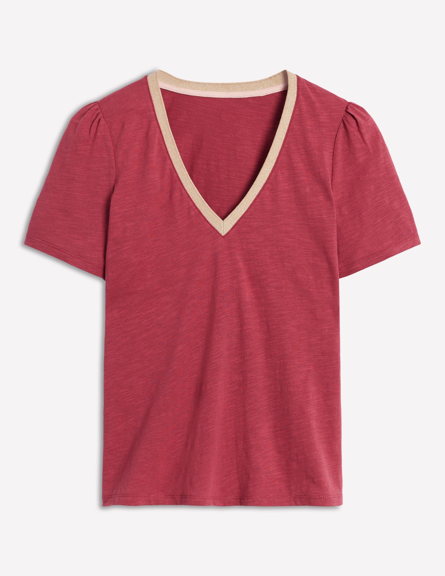 Metallic Trim V Neck T-shirt-Terracotta Red