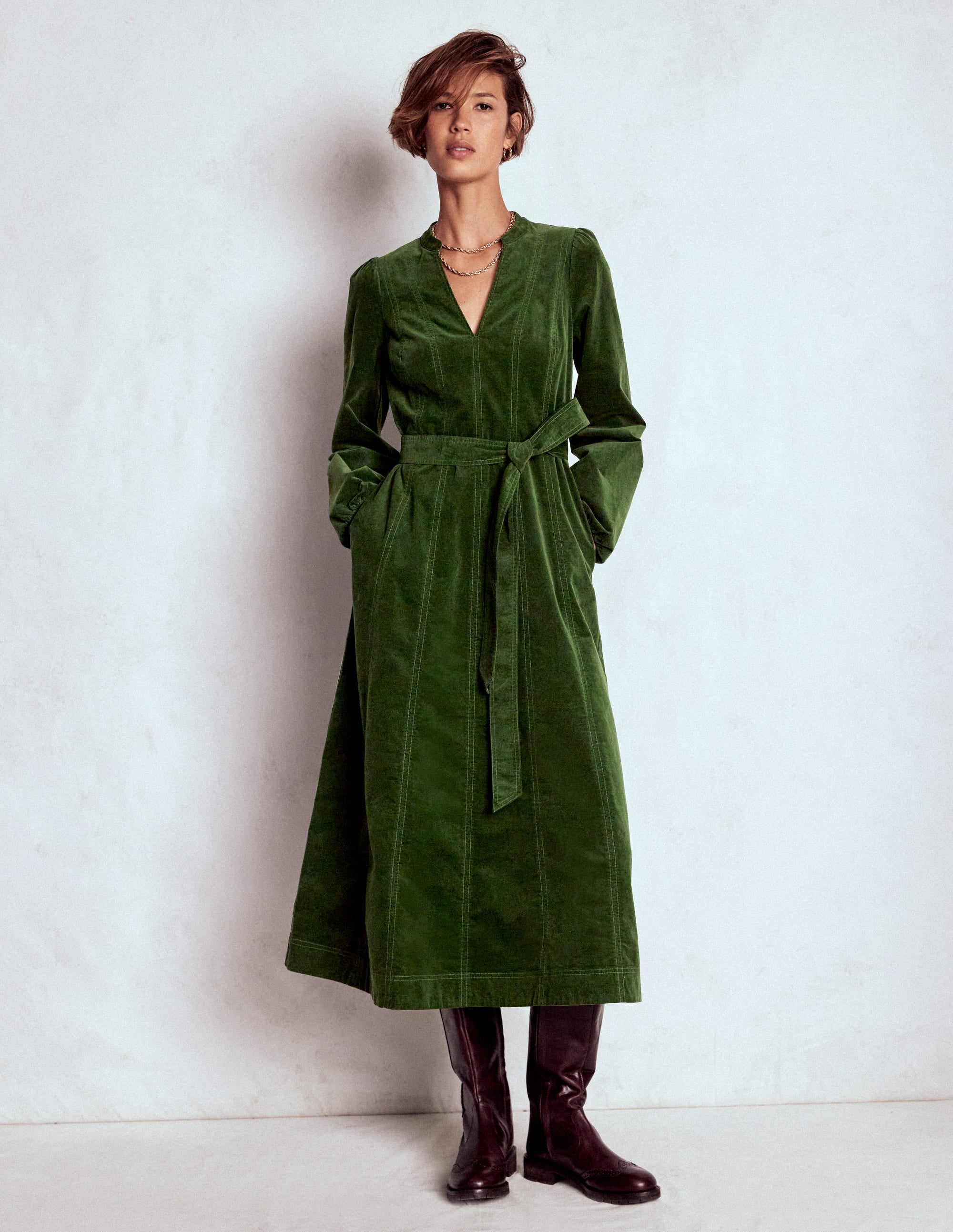 boden green cord dress Boden Cecily Belted Long Sleeve Cotton Corduroy Midi Dress in Woodland Green at Nordstrom, Size 2