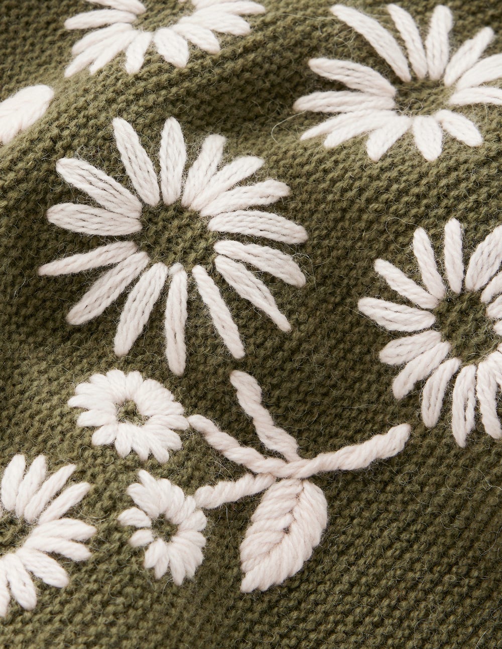 Embroidered Frill Sweater-Woodland Green Melange