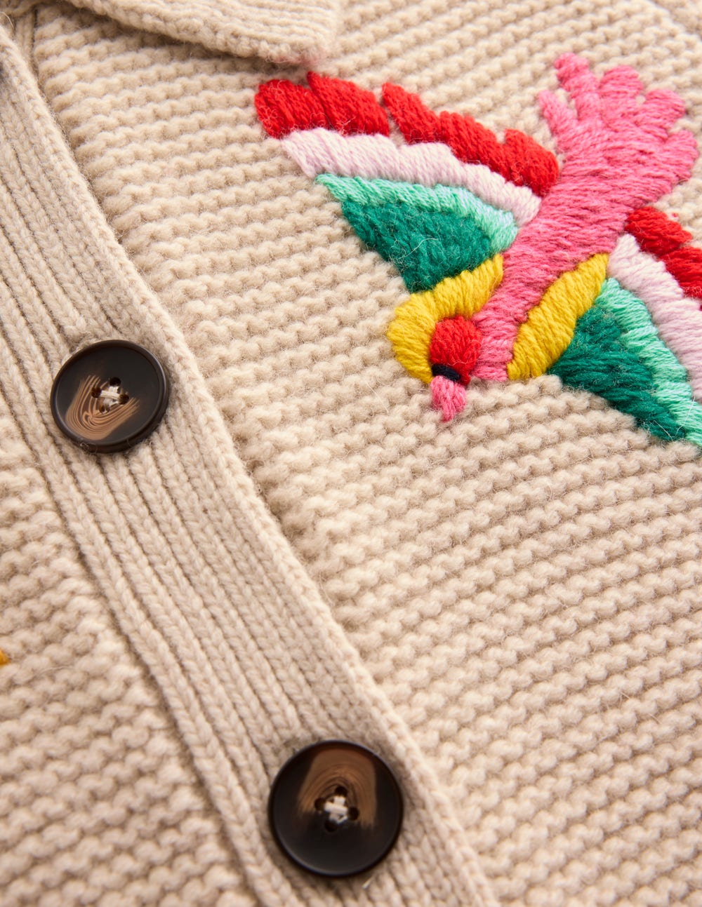 Embroidered Collared Cardigan-Ecru Marl