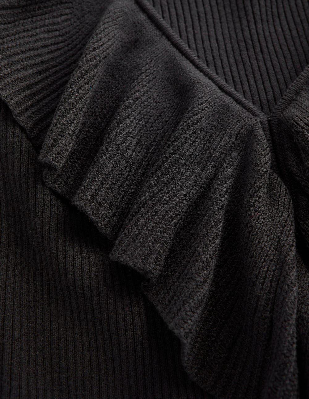 Ruffled Rib Henley Sweater-Black
