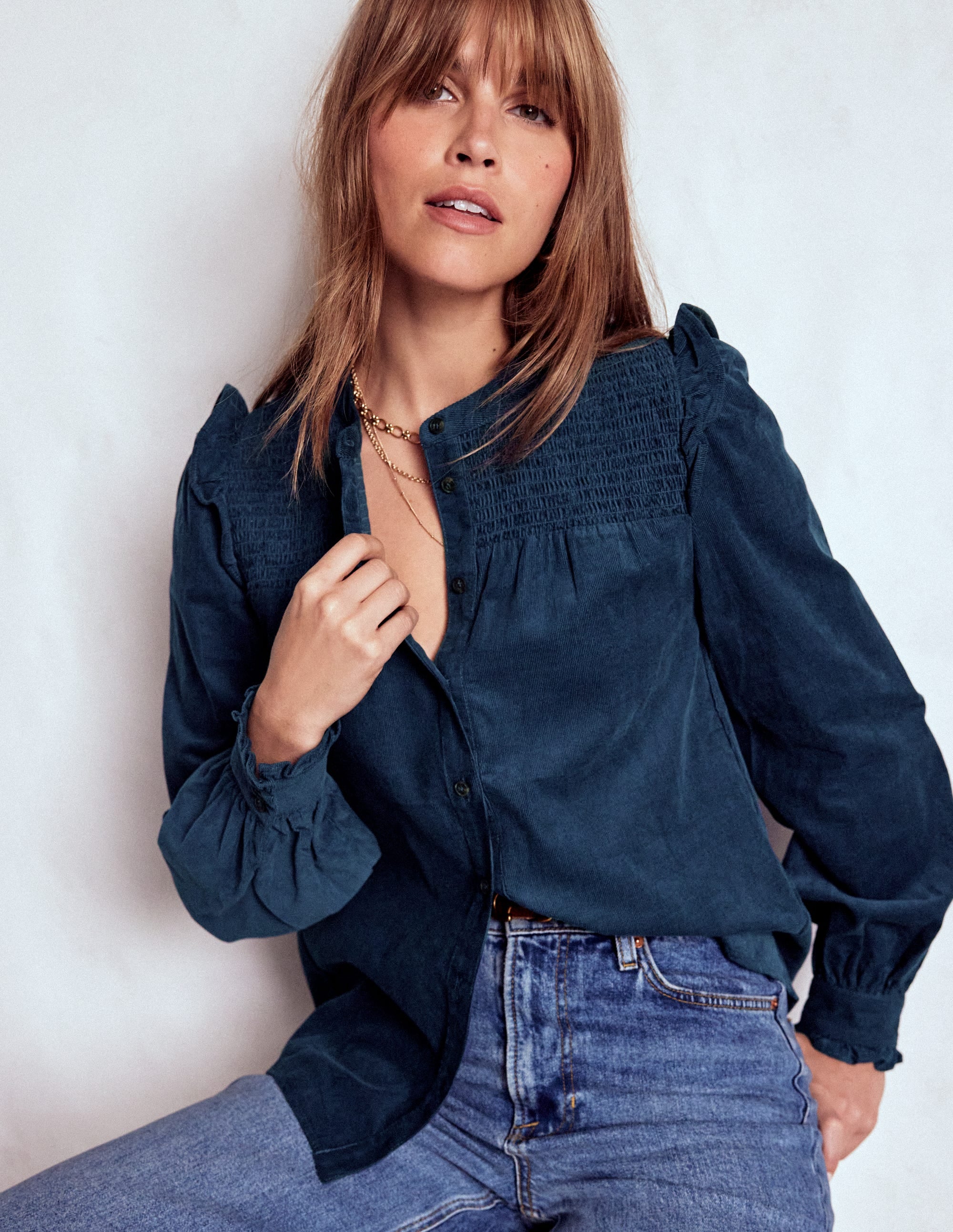 Smocked Yoke Cord Top-Midnight Ocean | Boden USA