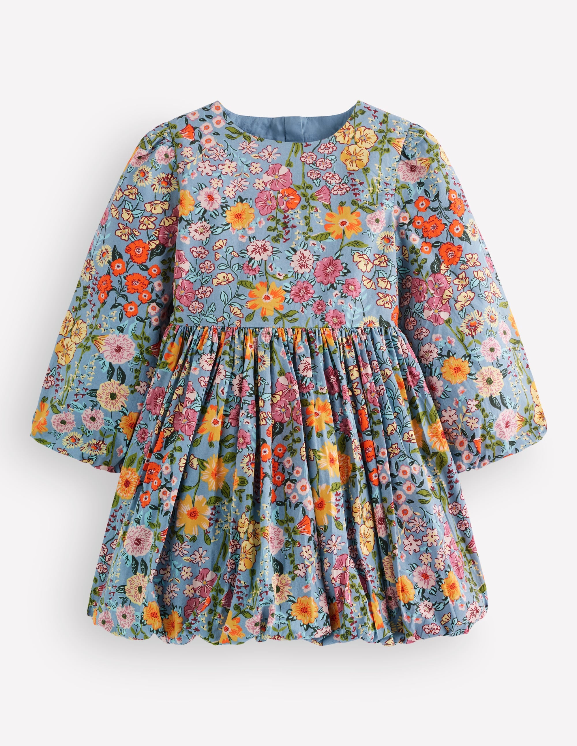 Long Sleeve Bubble Hem Dress - Blue Multi Floral
