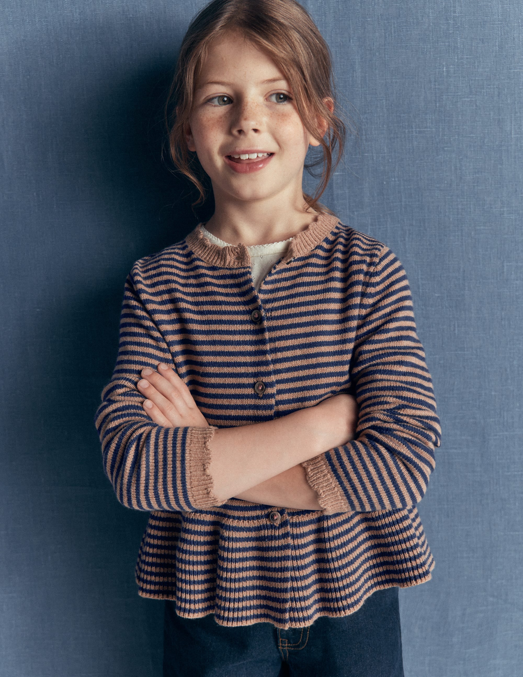 Pretty Peplum Cardigan - Camel/ College Navy Stripe | Boden USA