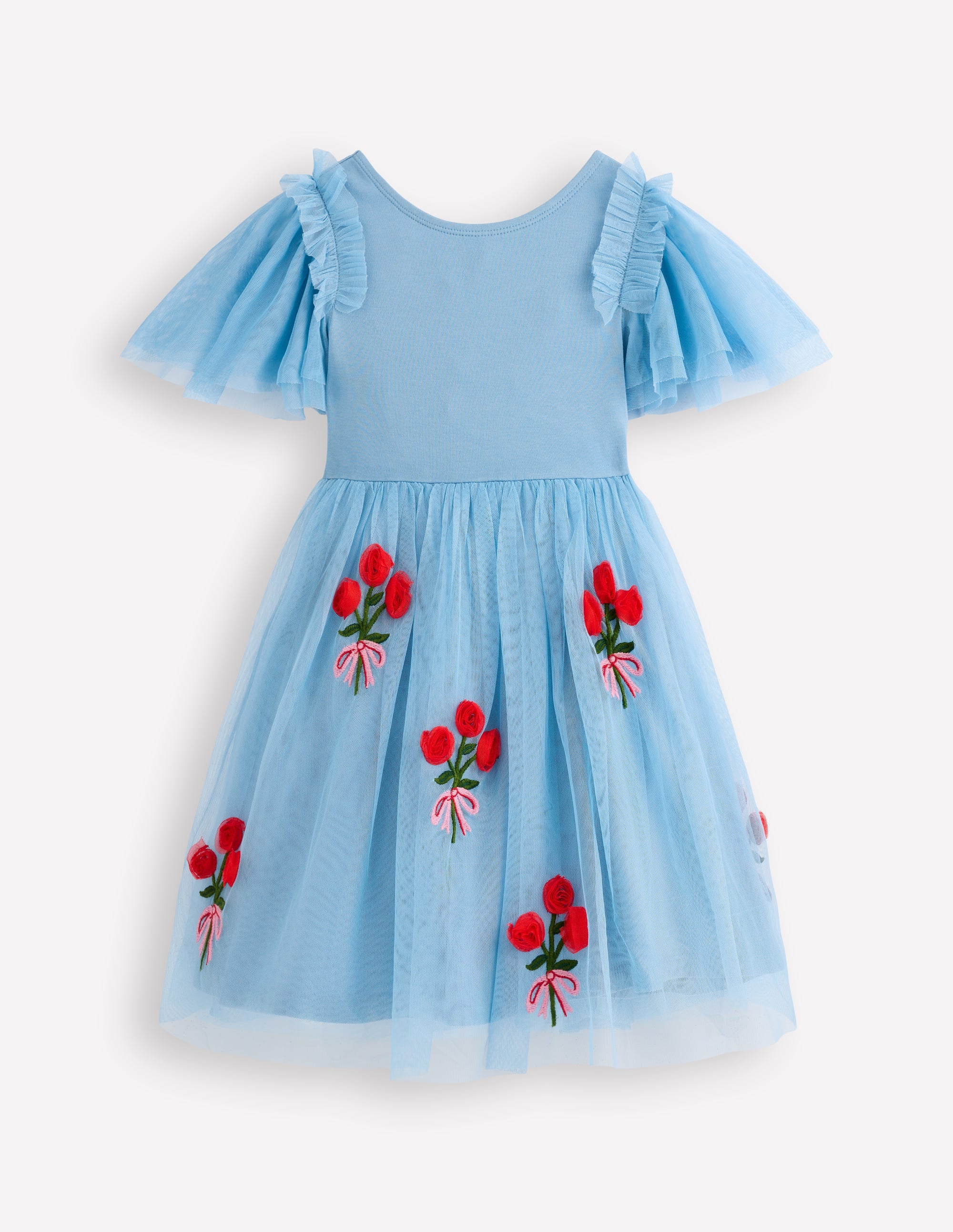 Short Sleeve Logo Tulle Dress-Glacier Blue Roses