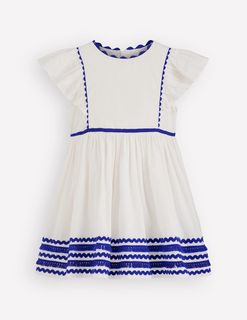 Boden Girls Flutter Sleeve Ric Rac Dress in White | Size 6-7 Years